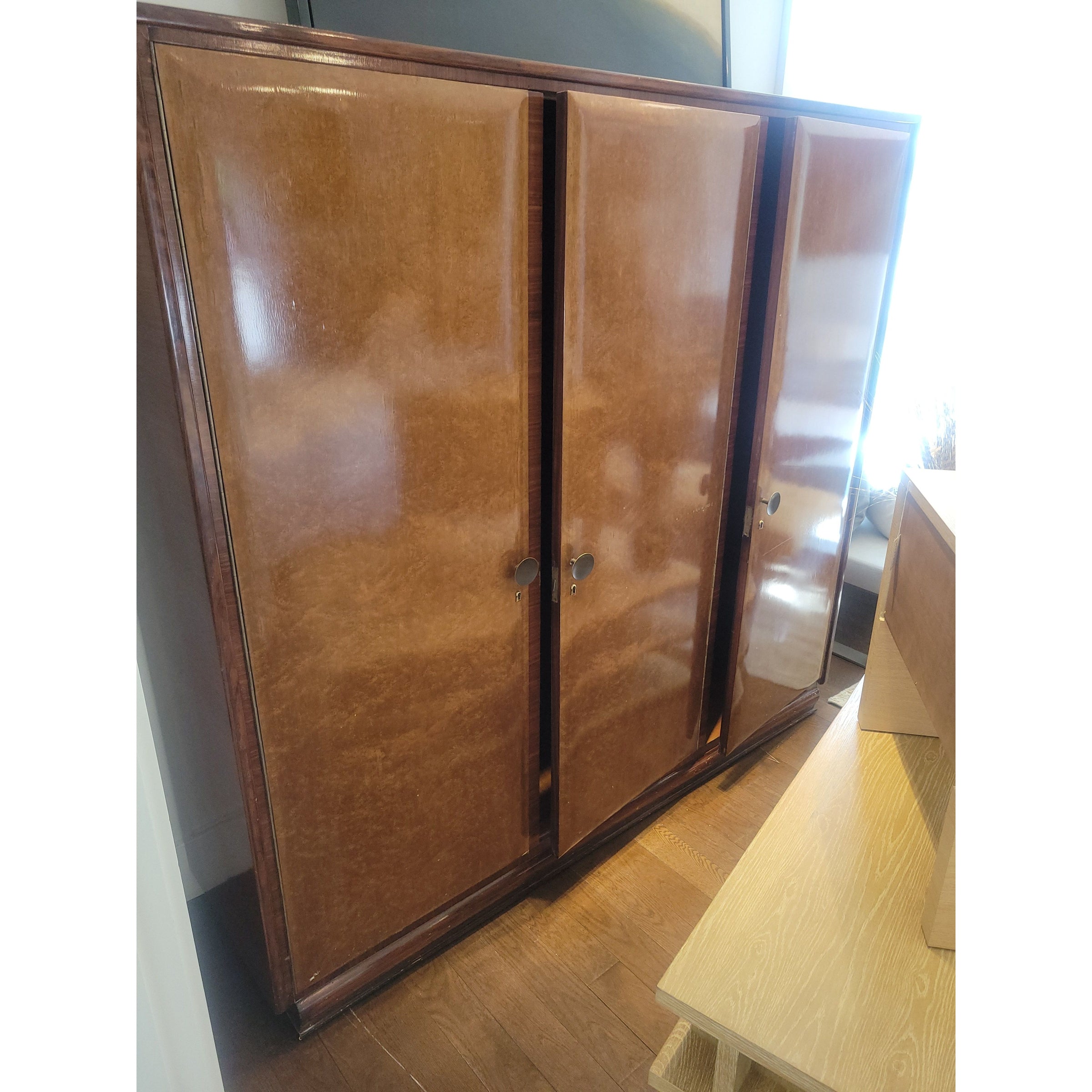 Vintage 3 Door Mottled Wood Armoire w/ Brass Door Pulls - AS IS