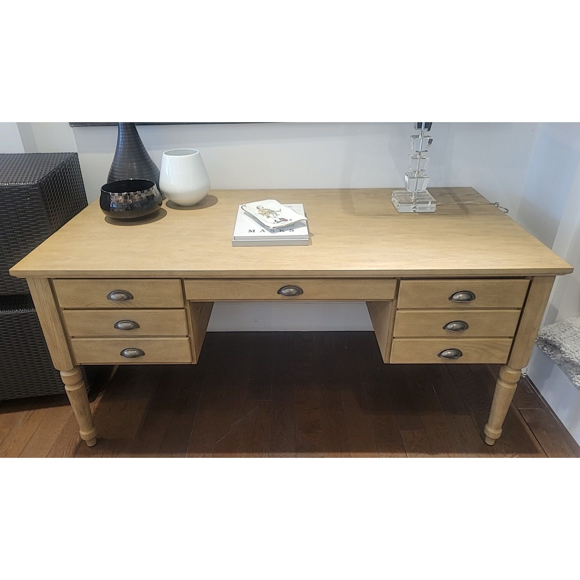 Printer's Ash Wood Executive Desk w/ 4 Drawers - colletteconsignment.com