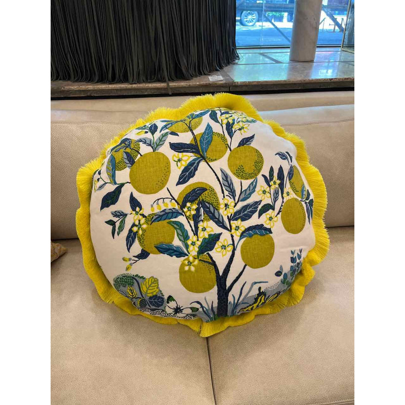 Round Floral Pillow w/yellow Brush Trim and Down Fill