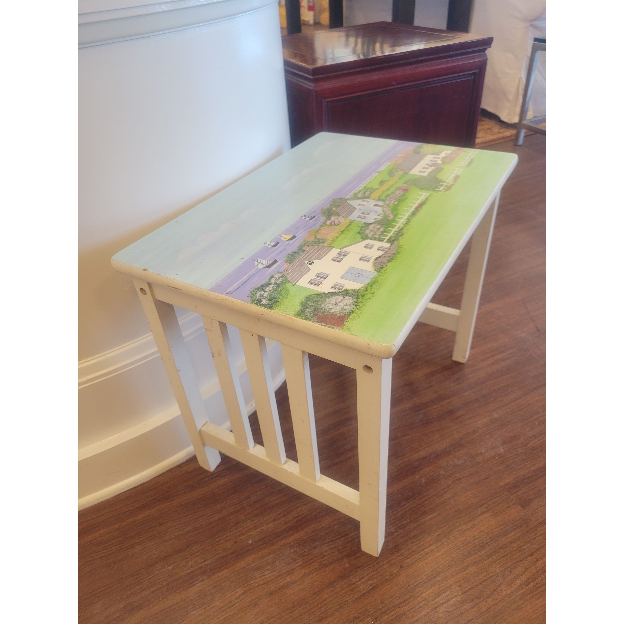 Vintage Hand-Painted Wood Side Table w/ Seaside Cottage Scene (AS IS) - colletteconsignment.com