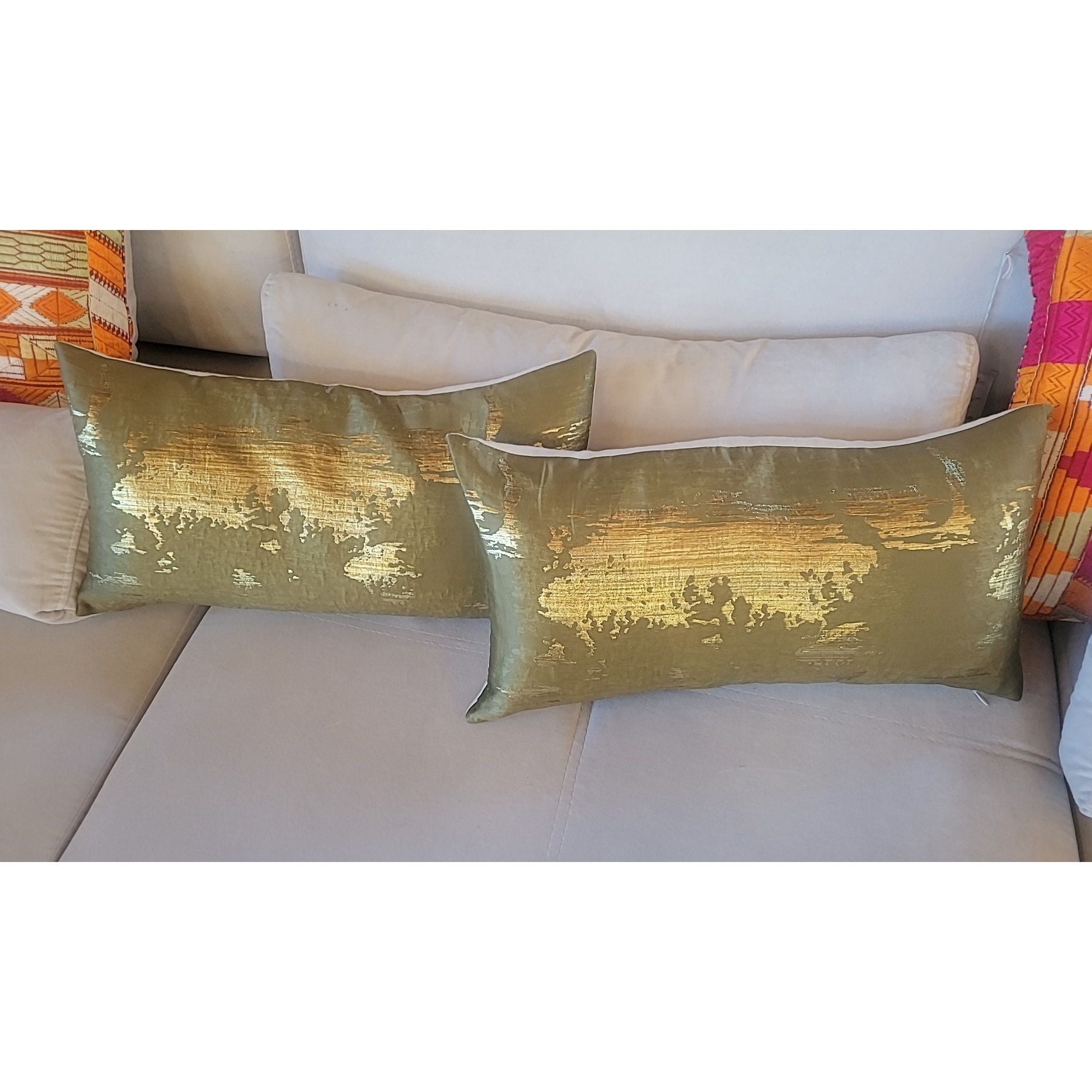 PAIR of Olive Green & Gold Lumbar Pillows