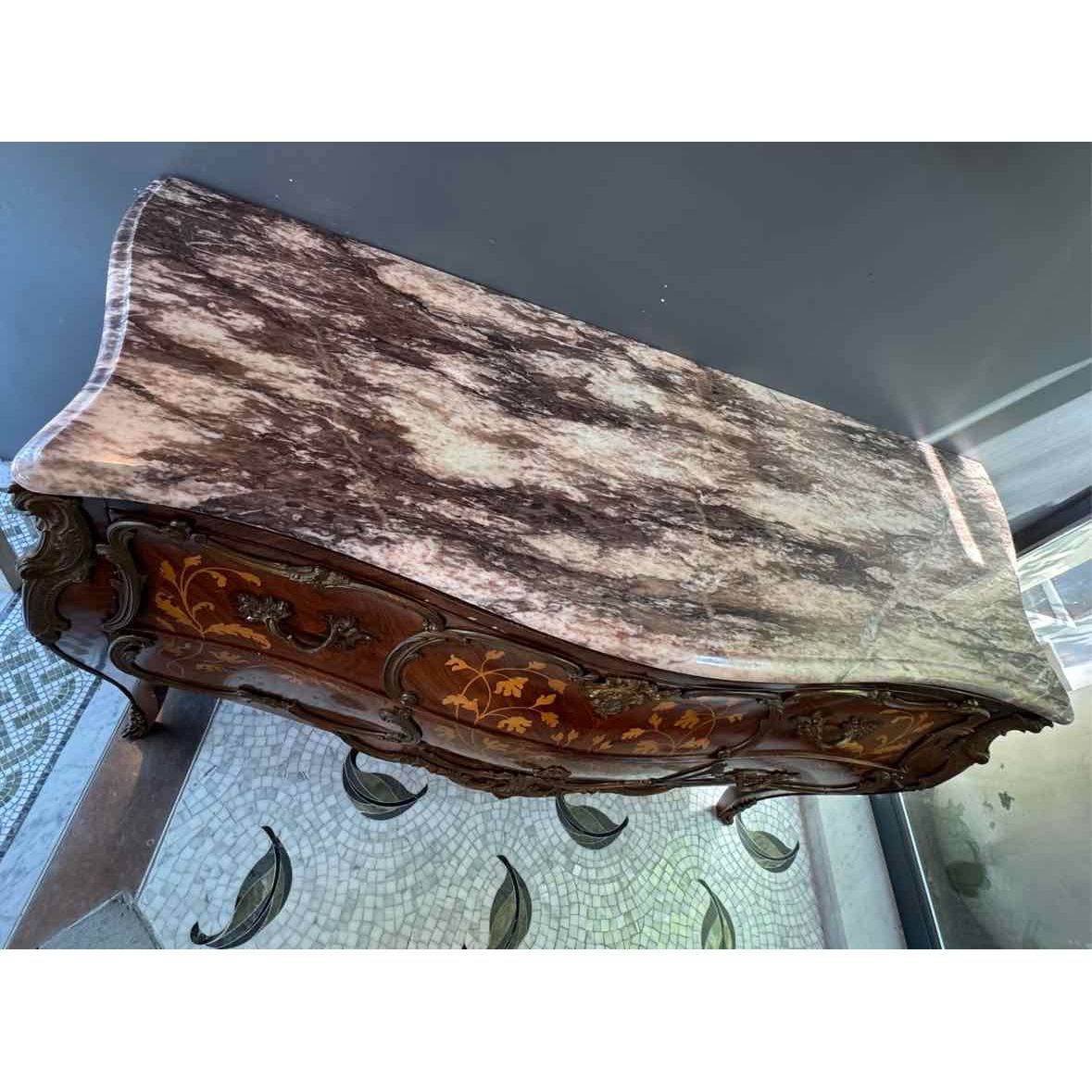 19th C French Marquetry Marble Top Dresser w/ Brass Mounts - AS IS