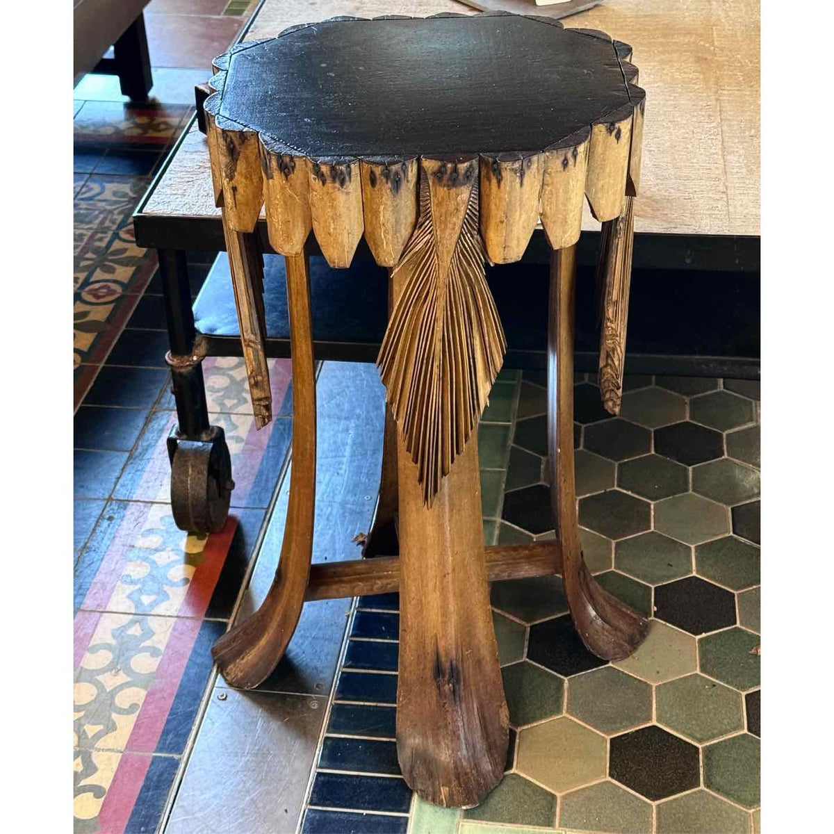 Carved Palm Frond Wood Side Table