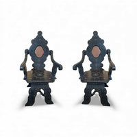 PAIR of Antique Moroccan Inlaid Arm Chairs w/ Carved Back & Scroll Arms