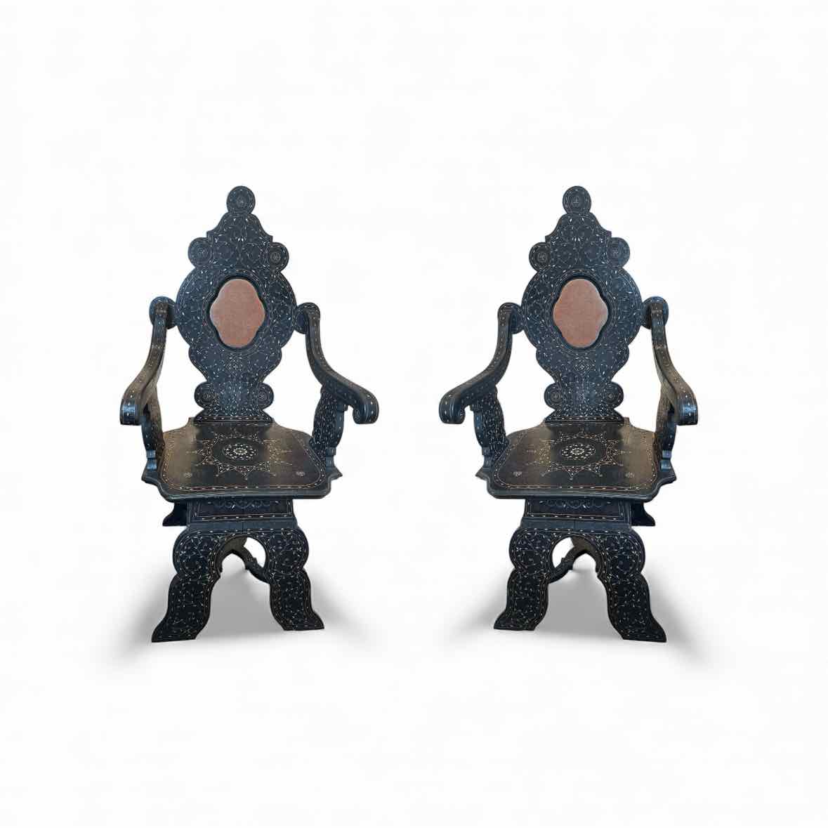 PAIR of Antique Moroccan Inlaid Arm Chairs w/ Carved Back & Scroll Arms