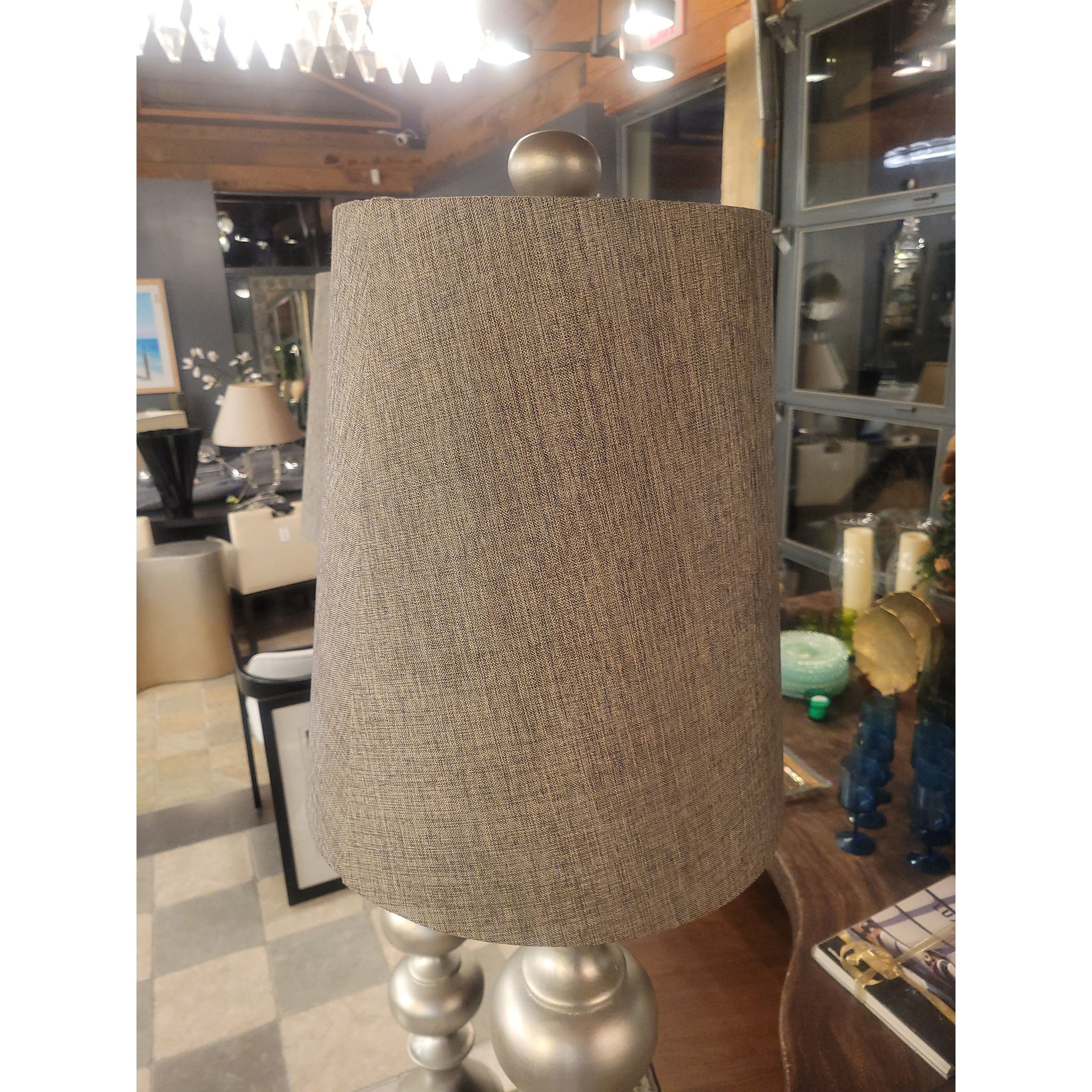 Stacked Pearls Wood Floor Lamp w/ Gray Shade