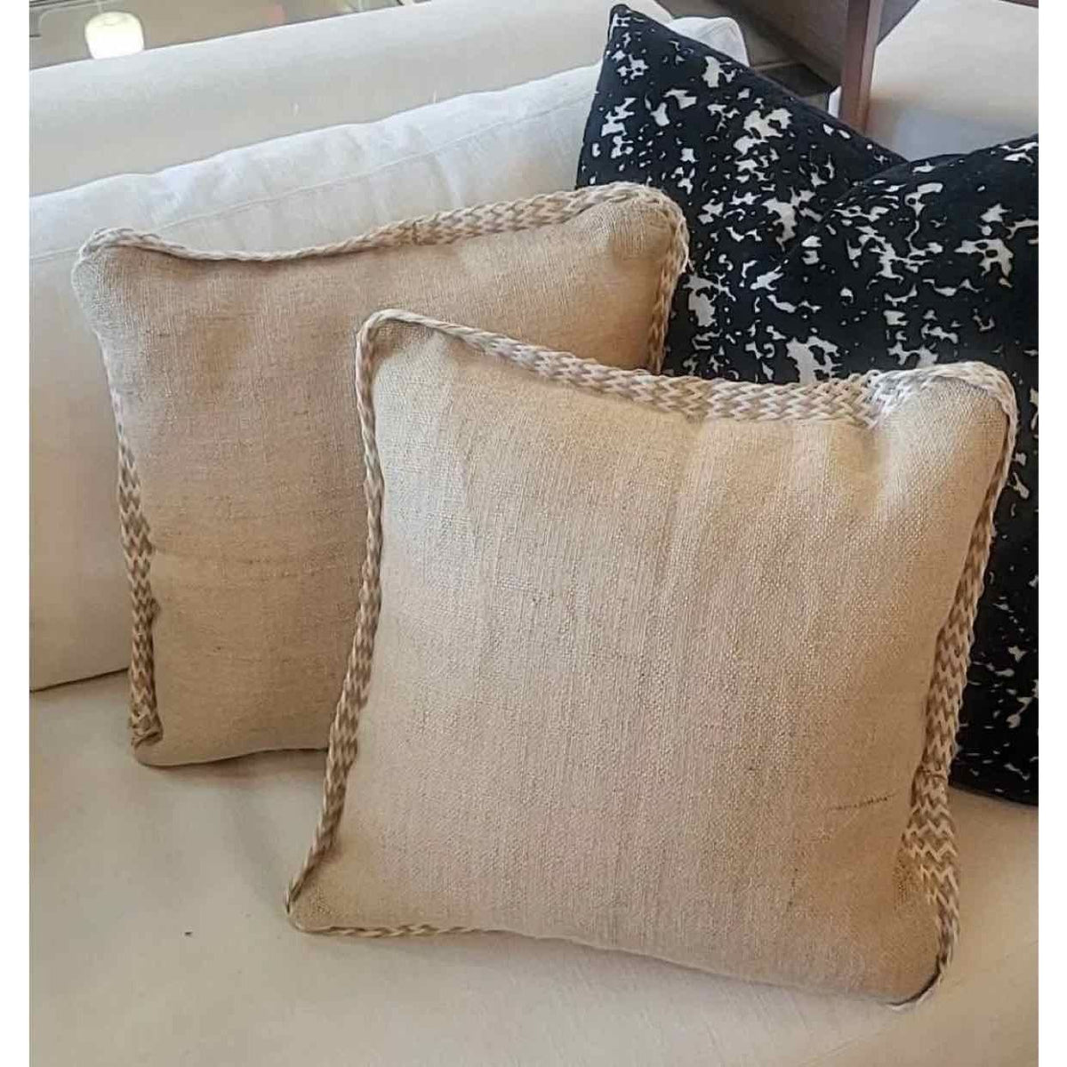 PAIR of Jute Pillows w/ Loop Trim