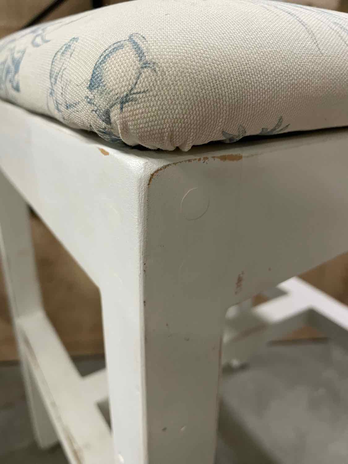 SET of 3 Vintage White Counter Stools w/ Toile Seat Cushions (AS IS)