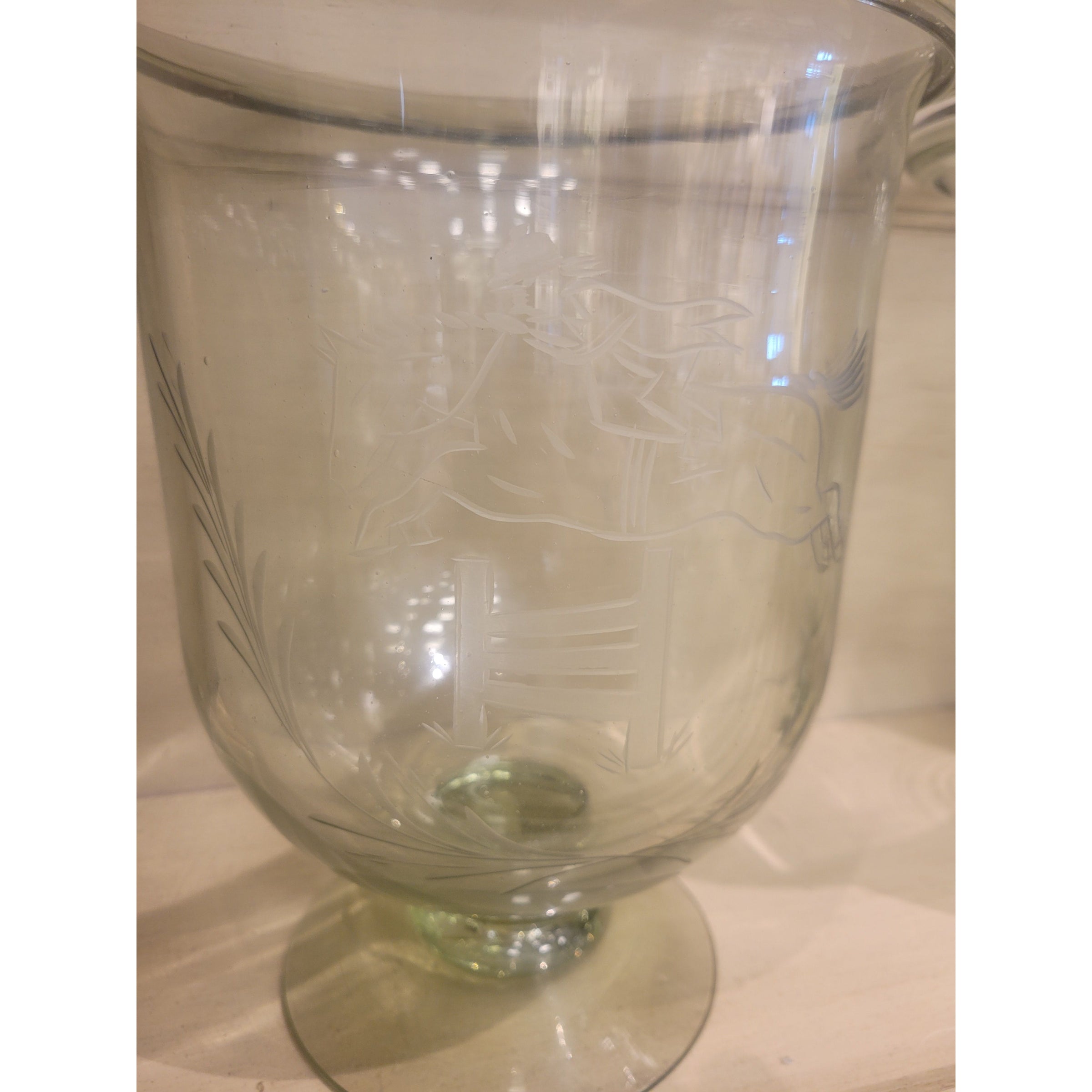 PAIR of Etched Glass Hurricanes w/ Equestrian Jumper Design