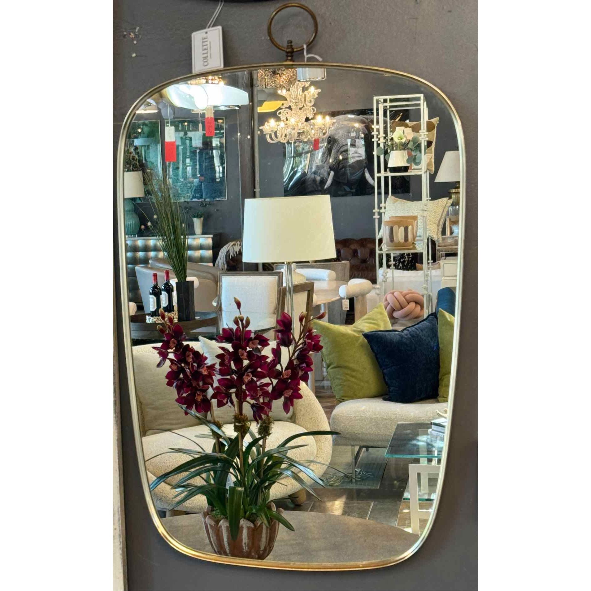 Mid-Century Gold Tone Oval Mirror w/ Top Ring