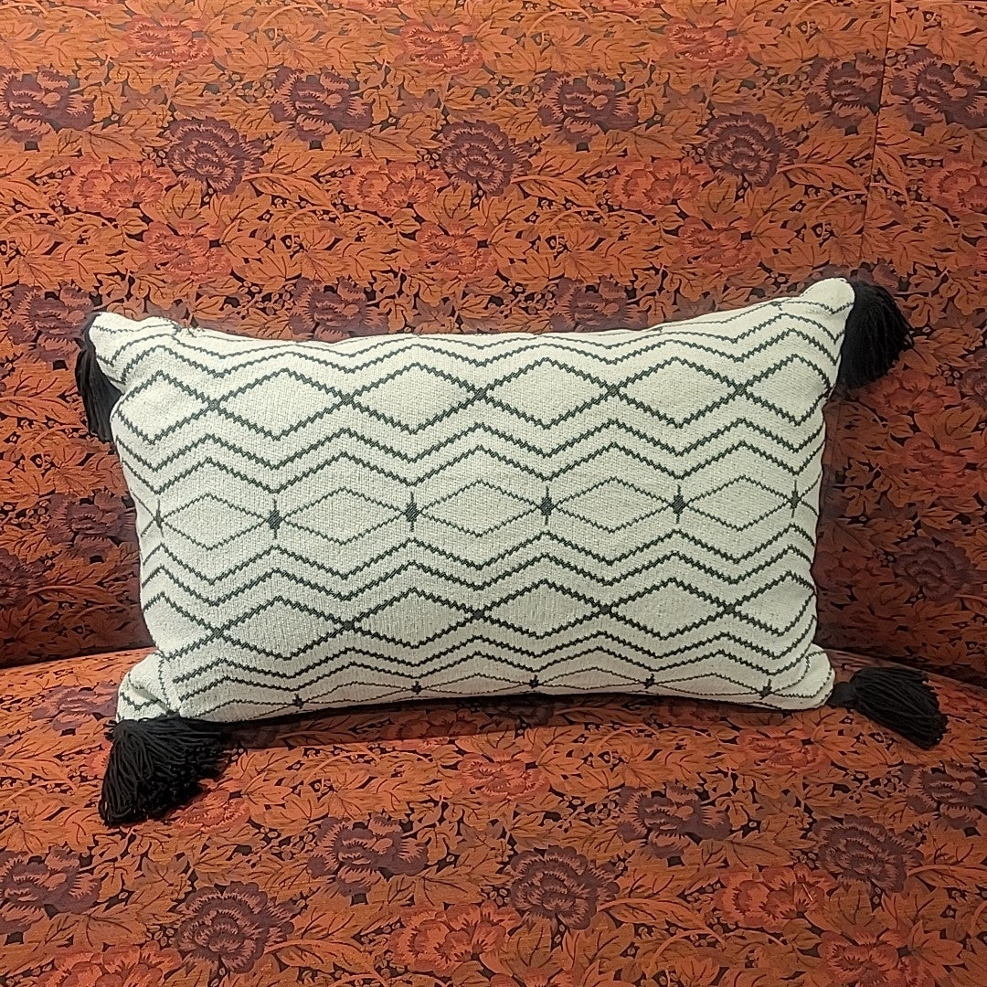 Ivory & Silver Lumbar Pillow w/ Black Tassles