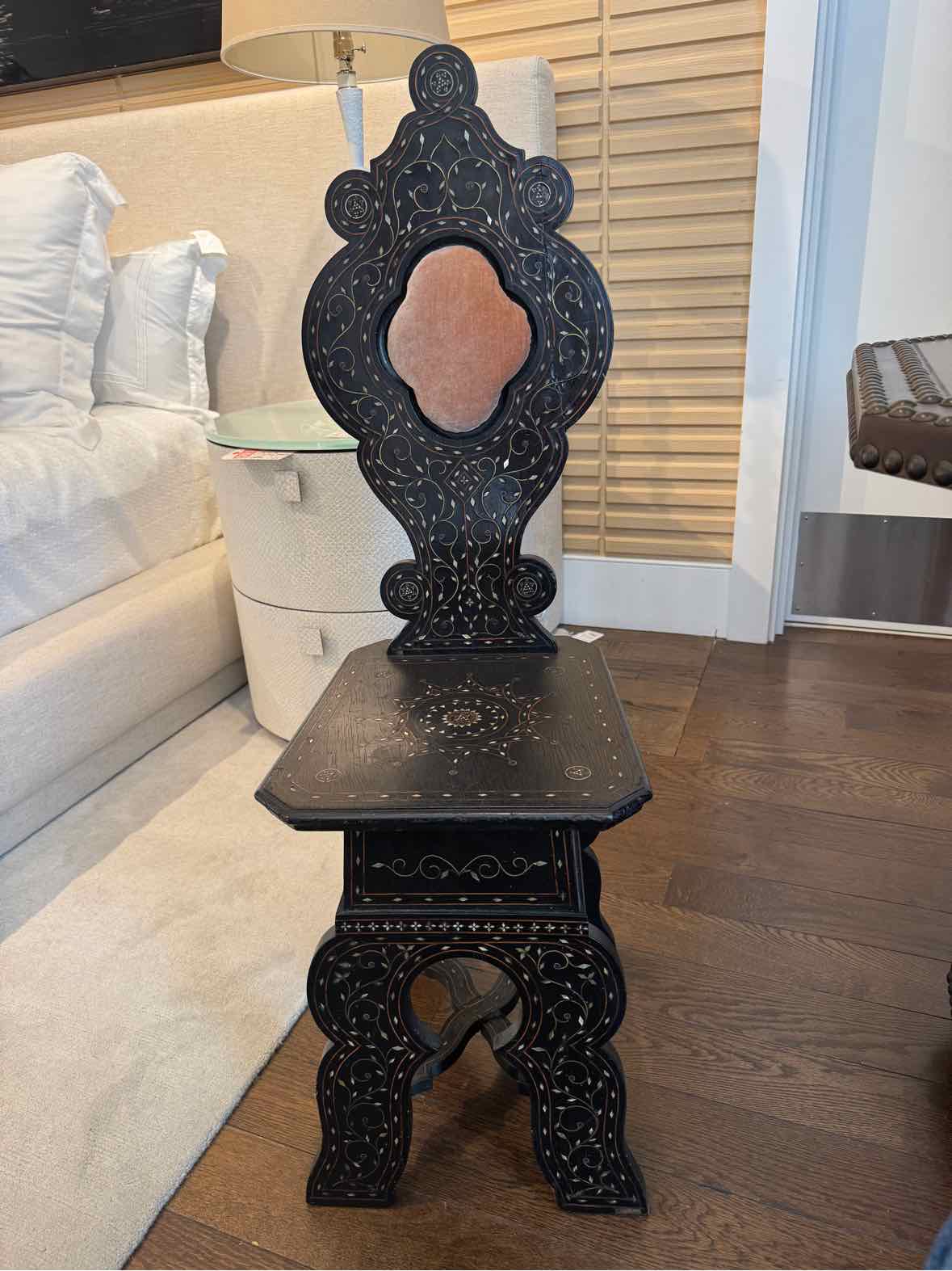 PAIR of Antique Moroccan Inlaid Side Chairs w/ Carved Back