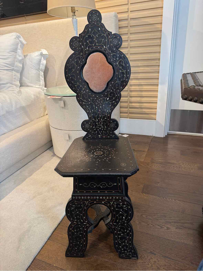 PAIR of Antique Moroccan Inlaid Side Chairs w/ Carved Back