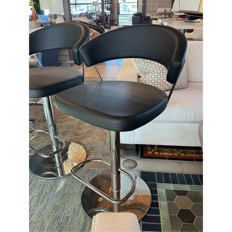 Pair of Black Leather & Chrome Bar Stools by Calligaris