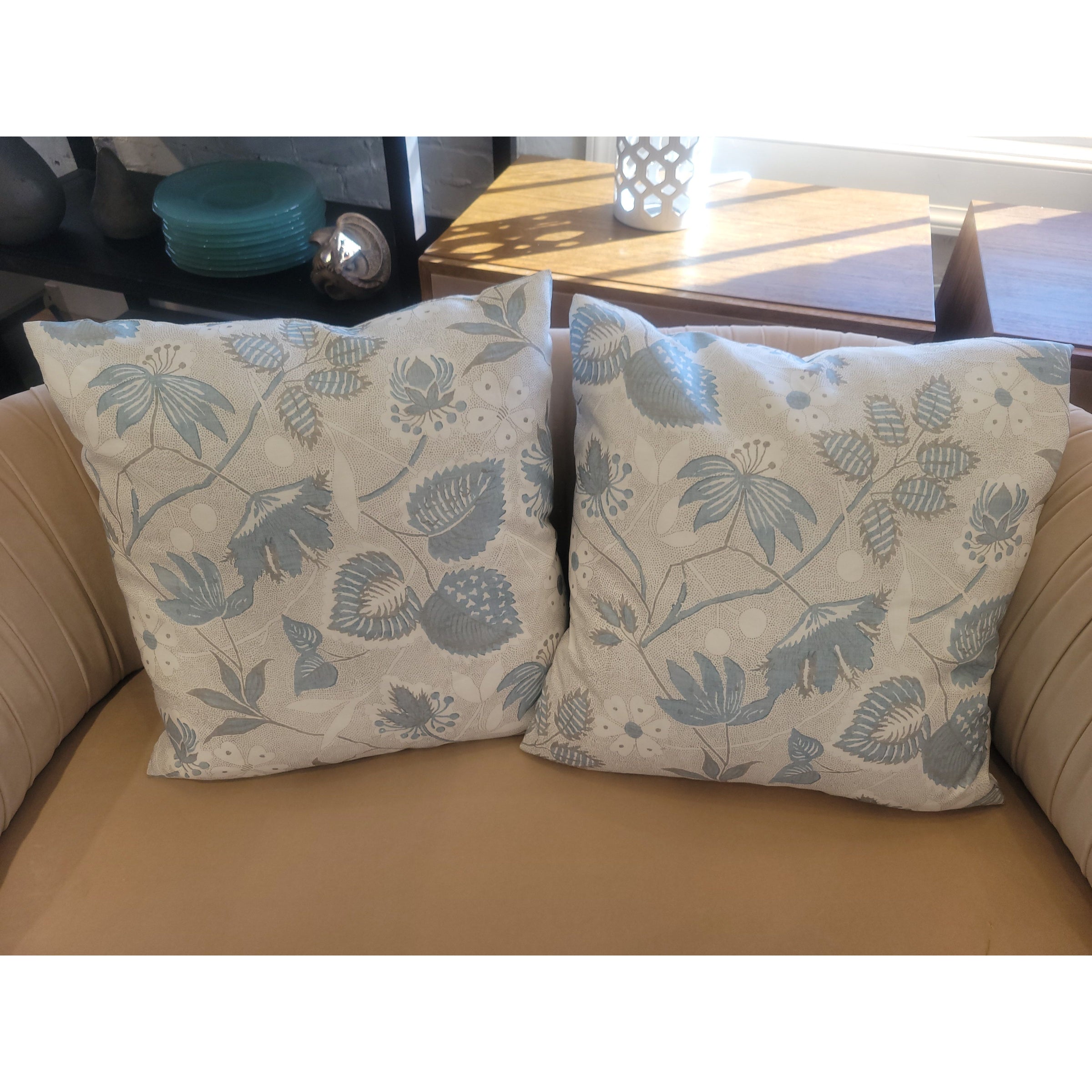PAIR of Custom Light Blue & Gray Floral Print Square Pillows