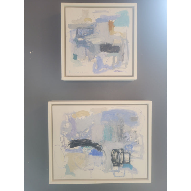 PAIR of Blue Abstract Paintings in White Frames - colletteconsignment.com