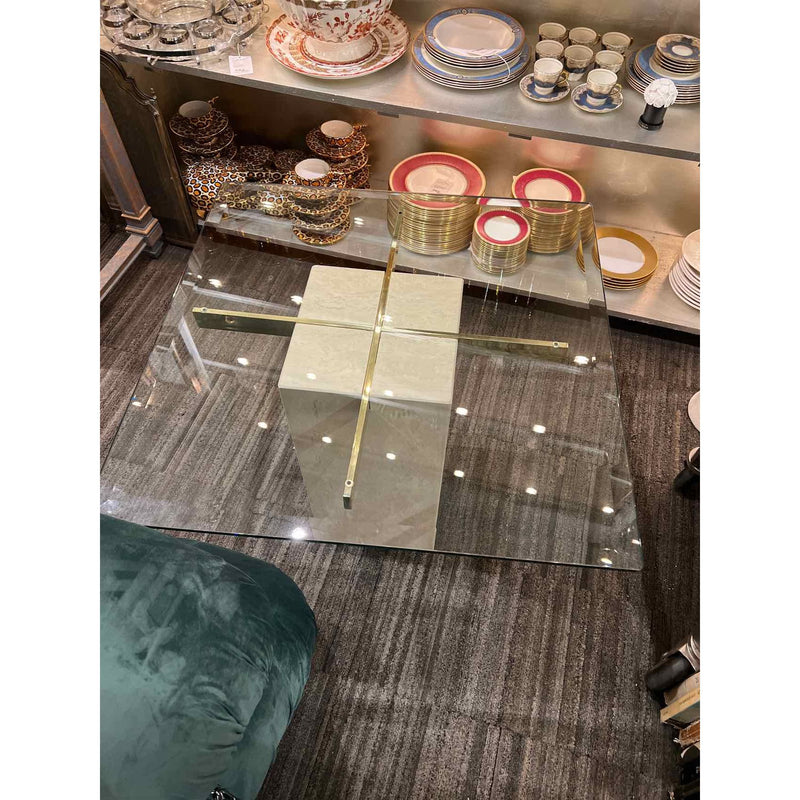 Travertine and Brass Side Table w/ Square Beveled Glass Top