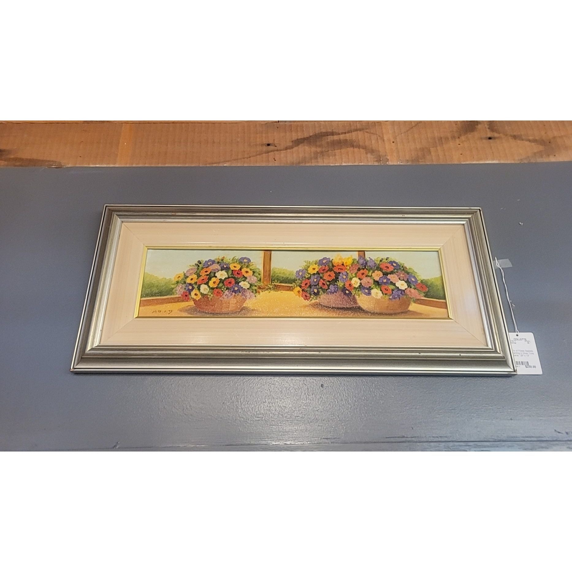 Trio of Flower Baskets Painting in Silver Tone Frame