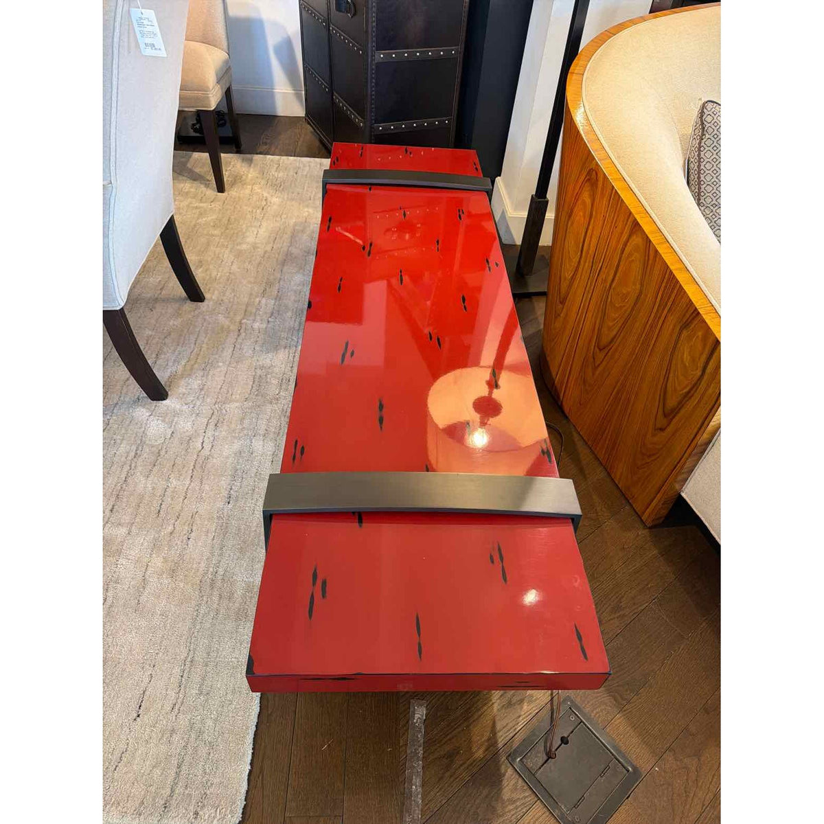 Custom Red Lacquer Orlean Bench w/ Solid Brass Strap Legs by Jiun Ho - colletteconsignment.com