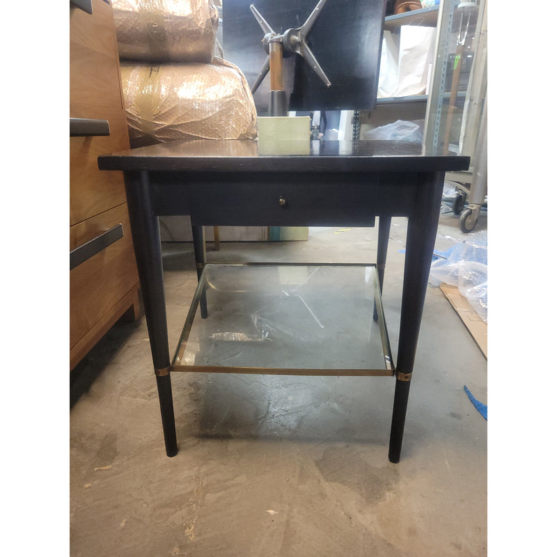 Paul McCobb Modern Walnut & Brass Trapezoidal Table w/ Glass Shelf - colletteconsignment.com