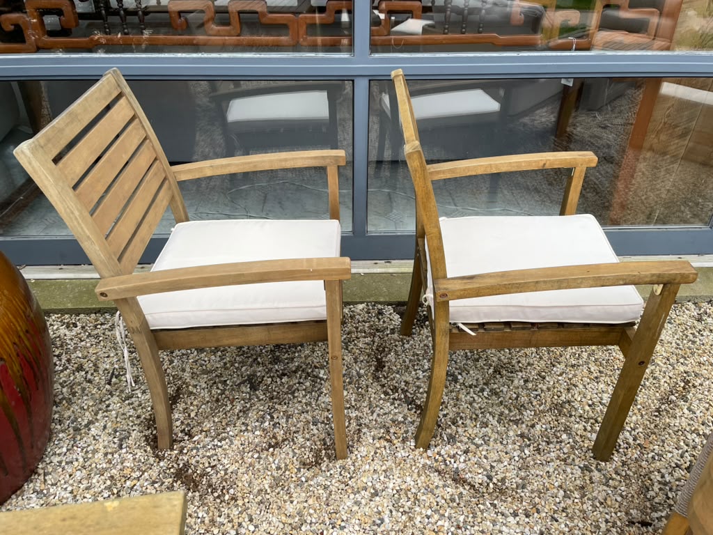 Pair of Teak Outdoor Dining Chair w/ White Cushions