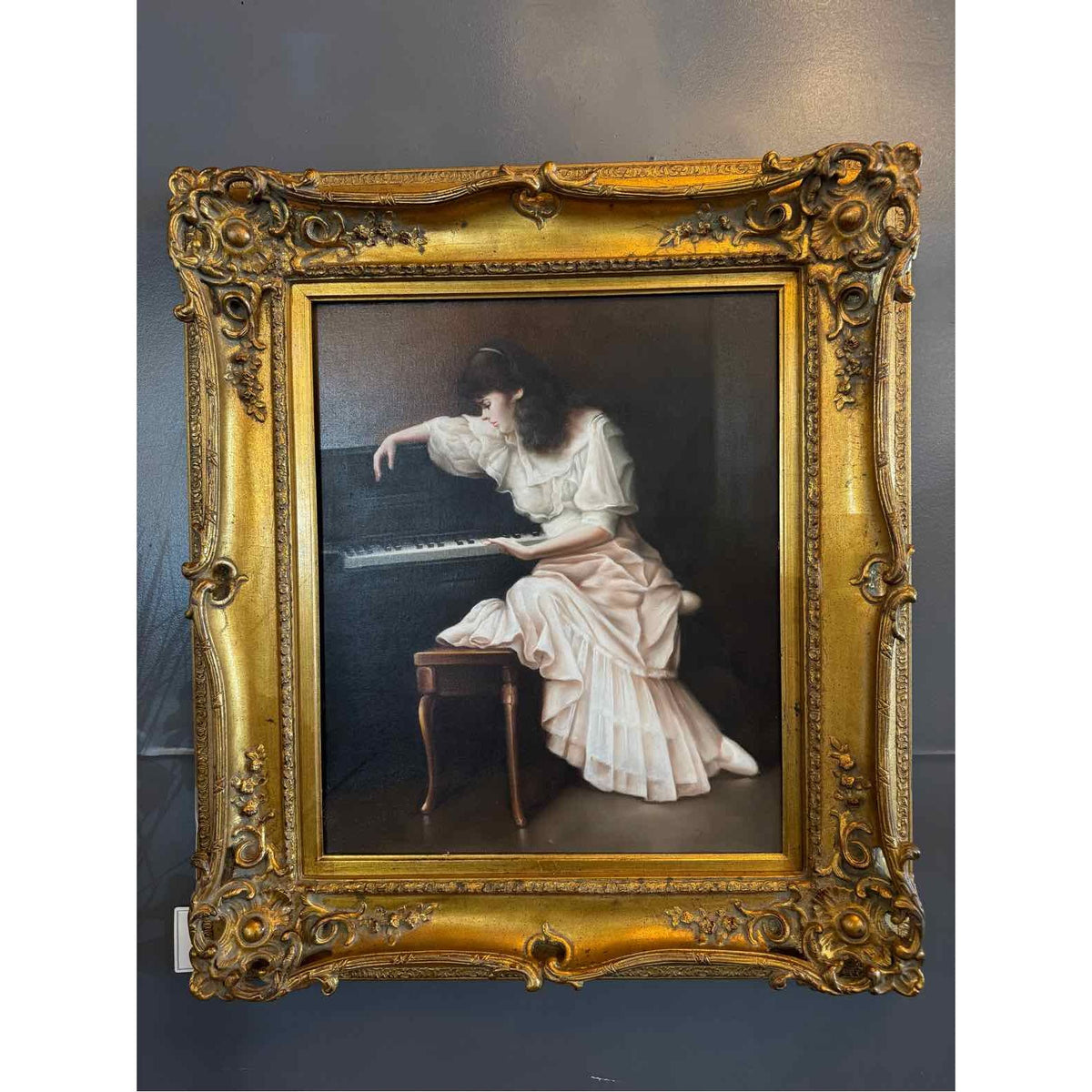 Girl at Piano Oil Painting Transfer in Gold Tone Frame