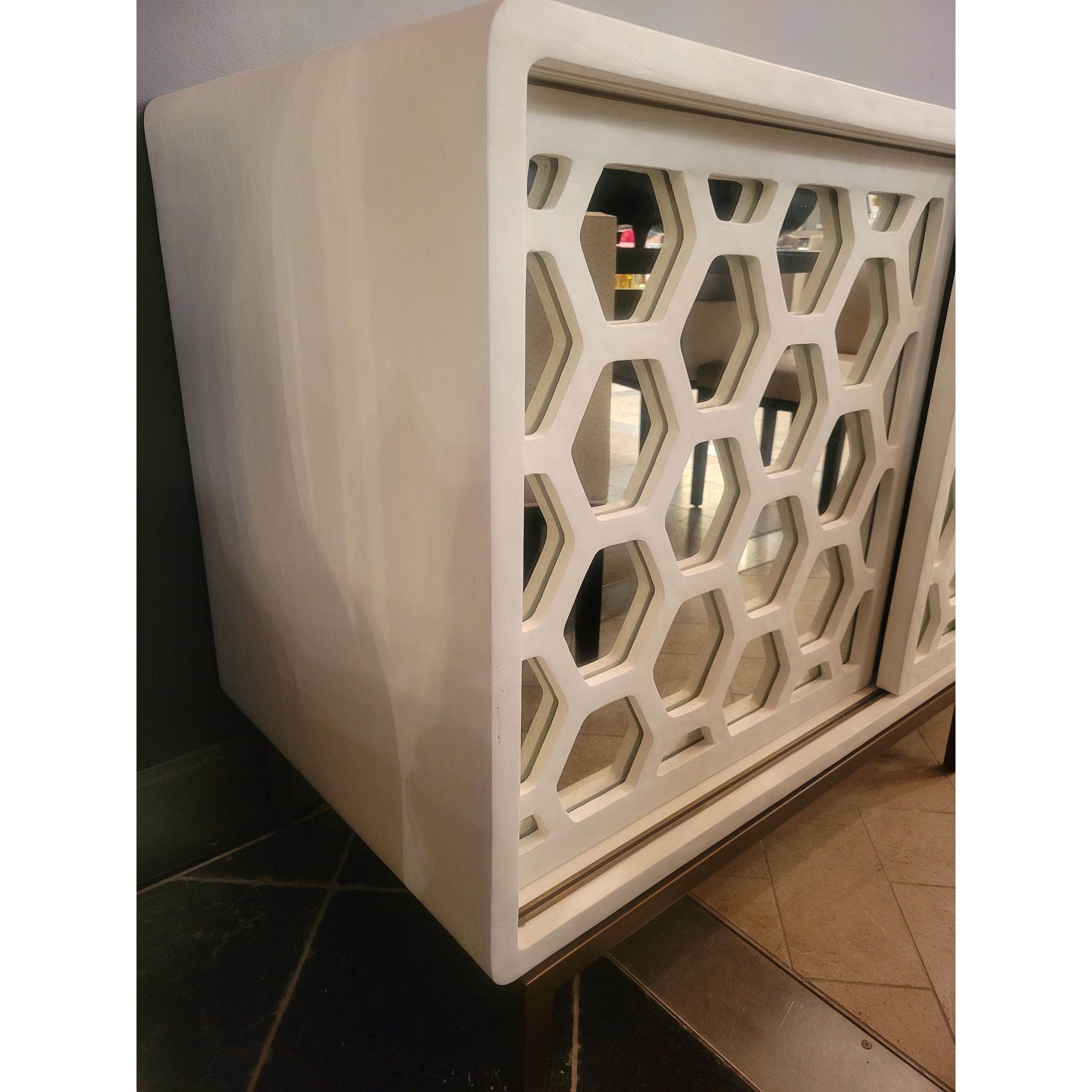 'Wilhelm' White Gesso Sliding Door Credenza w/ Mirror Glass by Mr. Brown