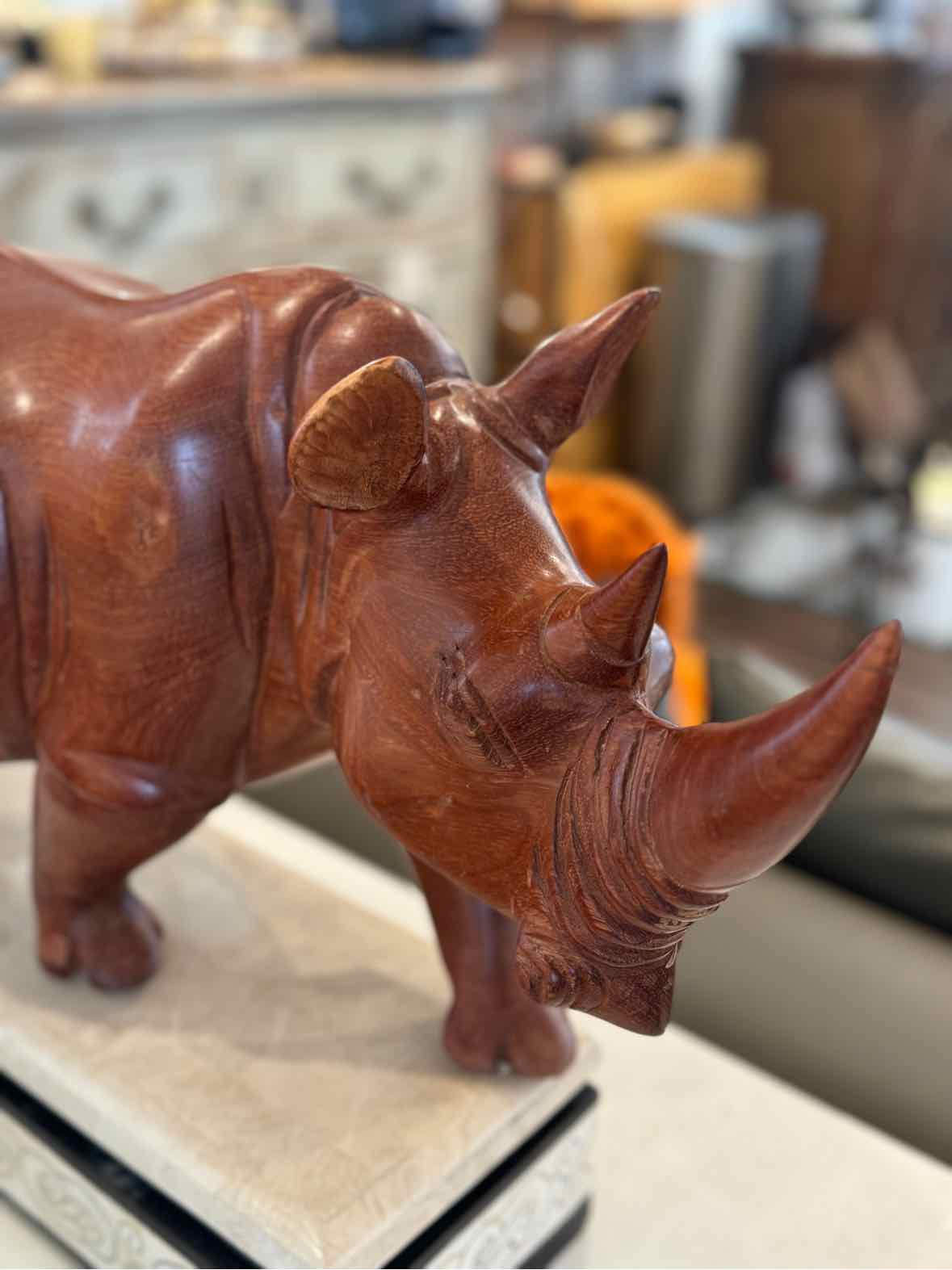 Carved Wood Rhino, AS IS, Horn Has Been Repaired, 23"Lx9"Dx12"H