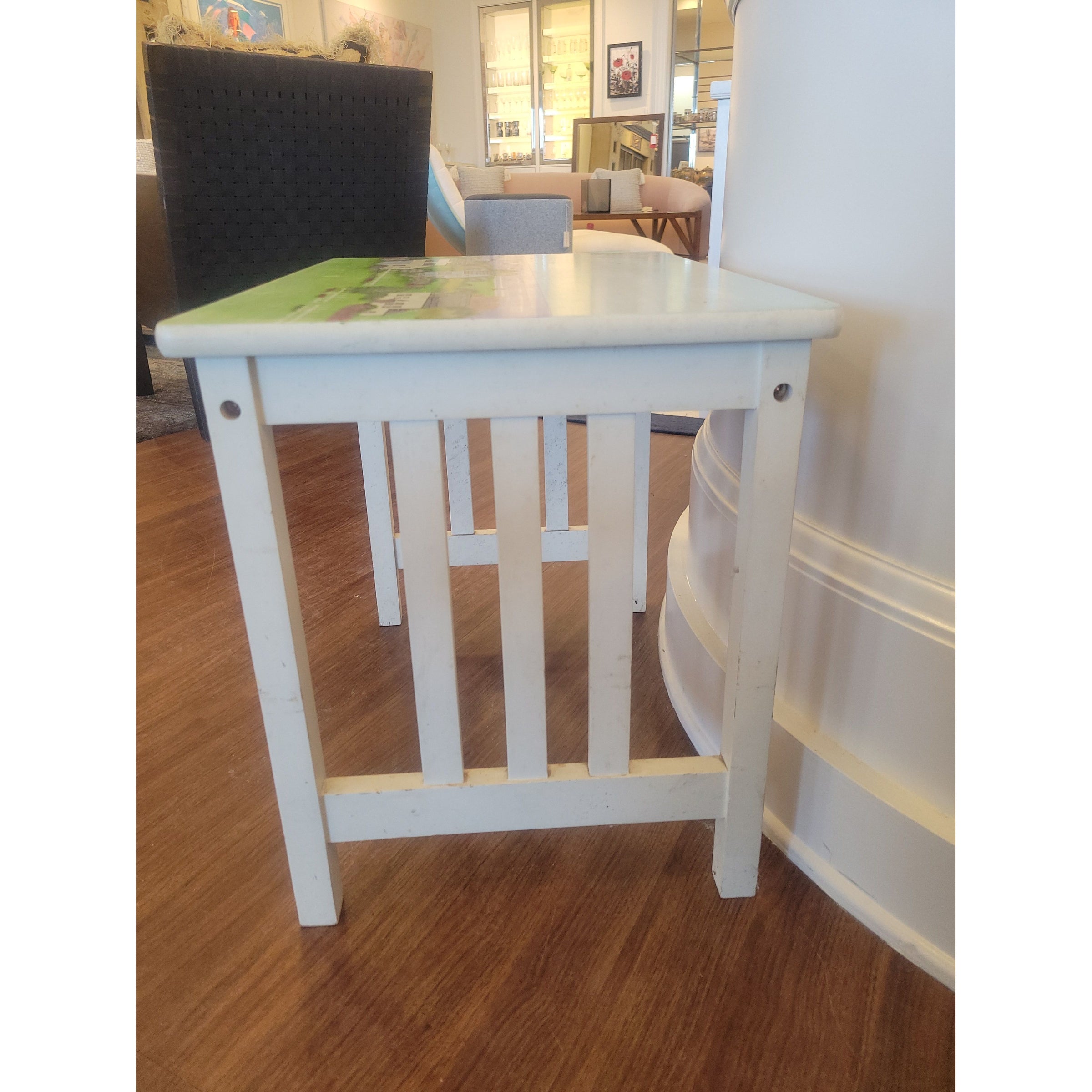 Vintage Hand-Painted Wood Side Table w/ Seaside Cottage Scene (AS IS) - colletteconsignment.com
