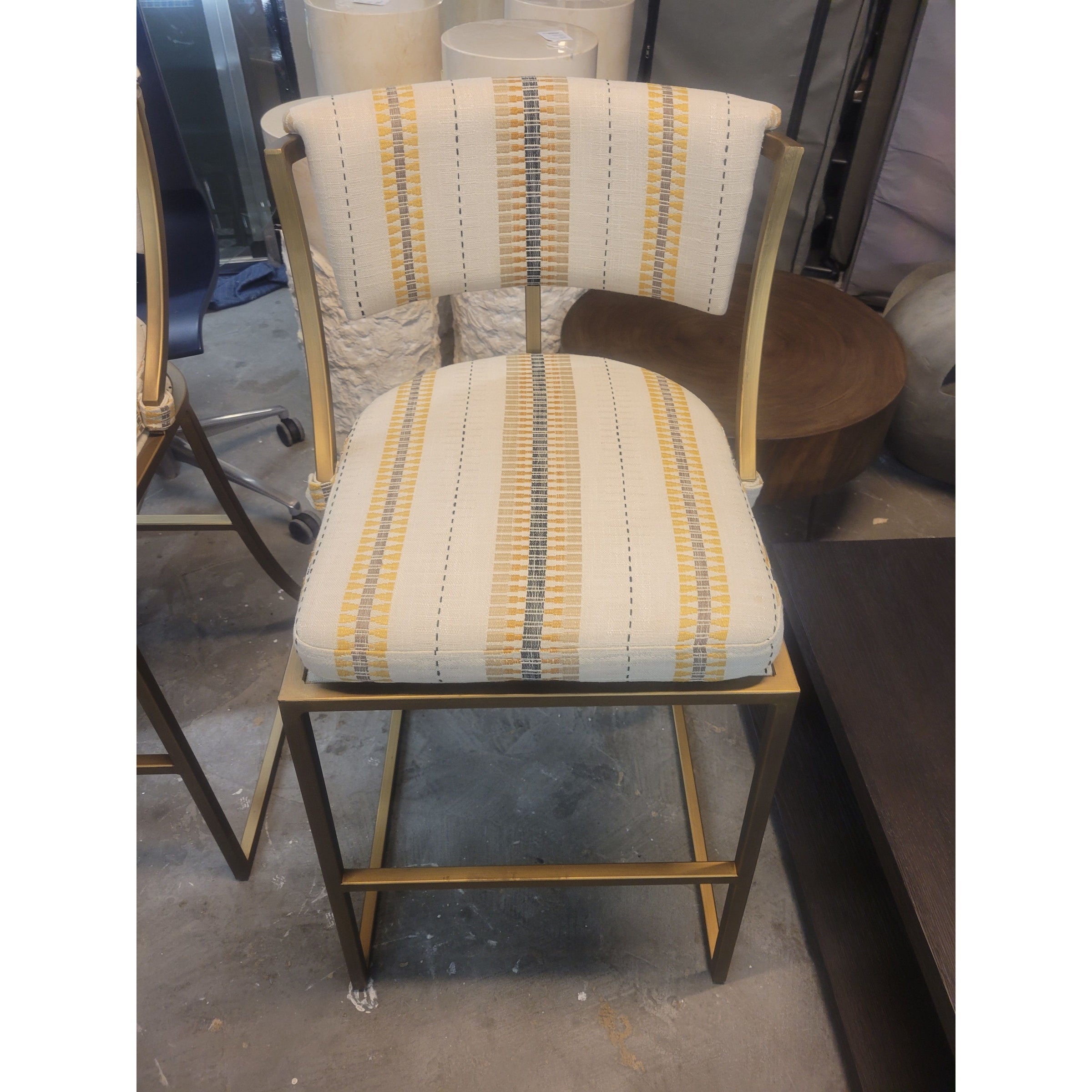 PAIR of Yellow Striped Bar Stools on Brass Bases by Ballard Designs (AS IS)