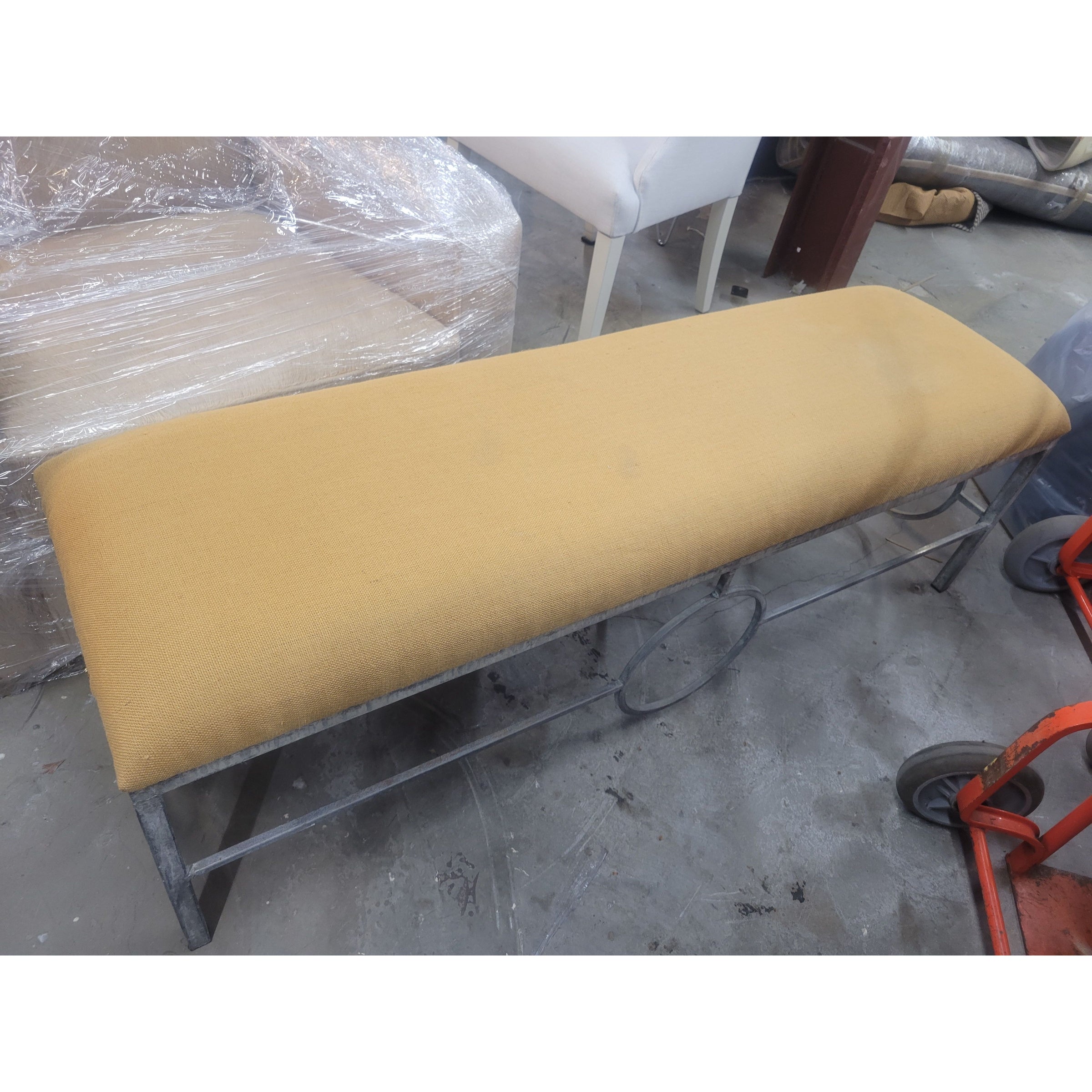 Custom Hessian Upholstered Metal Bench (AS IS) - colletteconsignment.com
