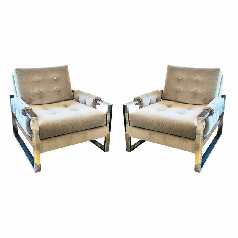 PAIR of Gray Velvet & Chrome Milo Baughman Chairs