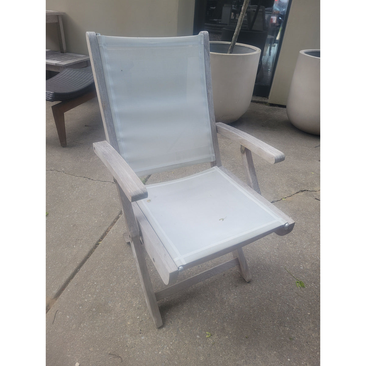 PAIR of Plantation Teak & White Mesh Folding Chairs - colletteconsignment.com