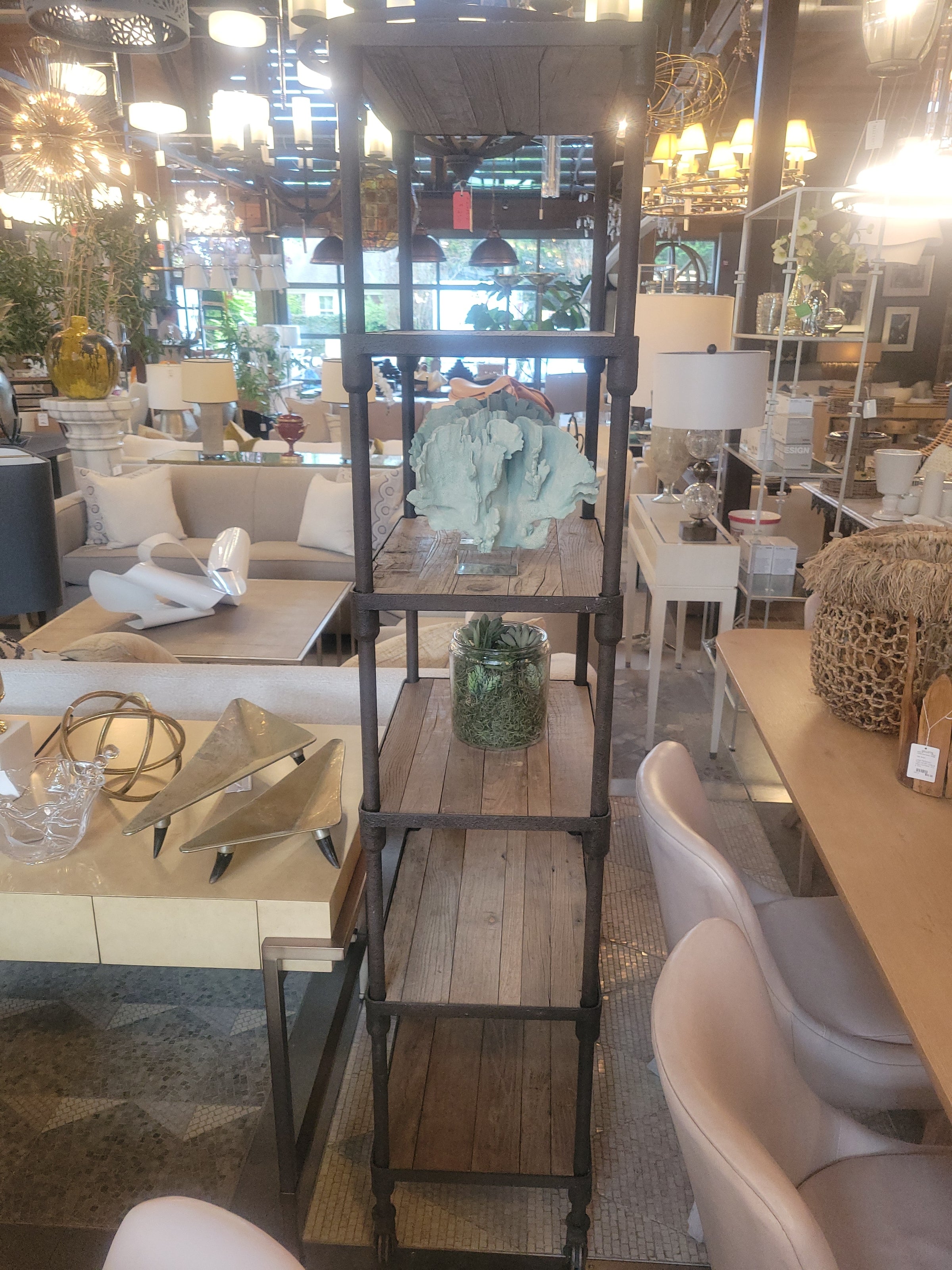 Antiqued Elm & Distressed Cast Metal Bookshelf on Wheels by RH