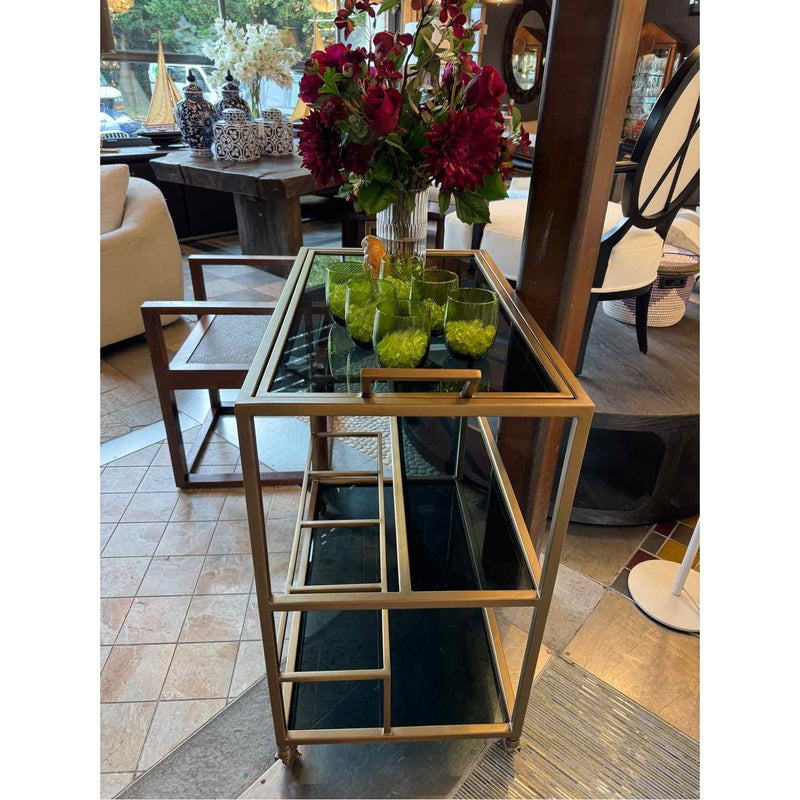 Custom Dark Brass & Glass Rolling Bar Cart w/ Removable Tray Top