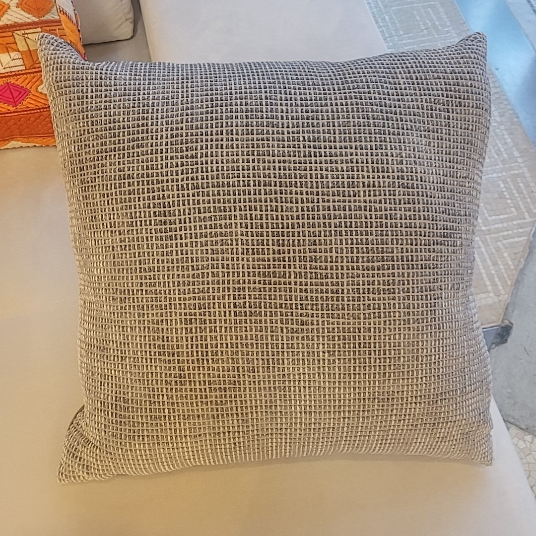 Half Textured Grid Gray Velvet Square Pillow w/ Down Insert
