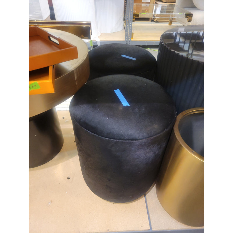Chubby Ottoman Stool in Black Faux Cowhide w/ Shiny Brass Base