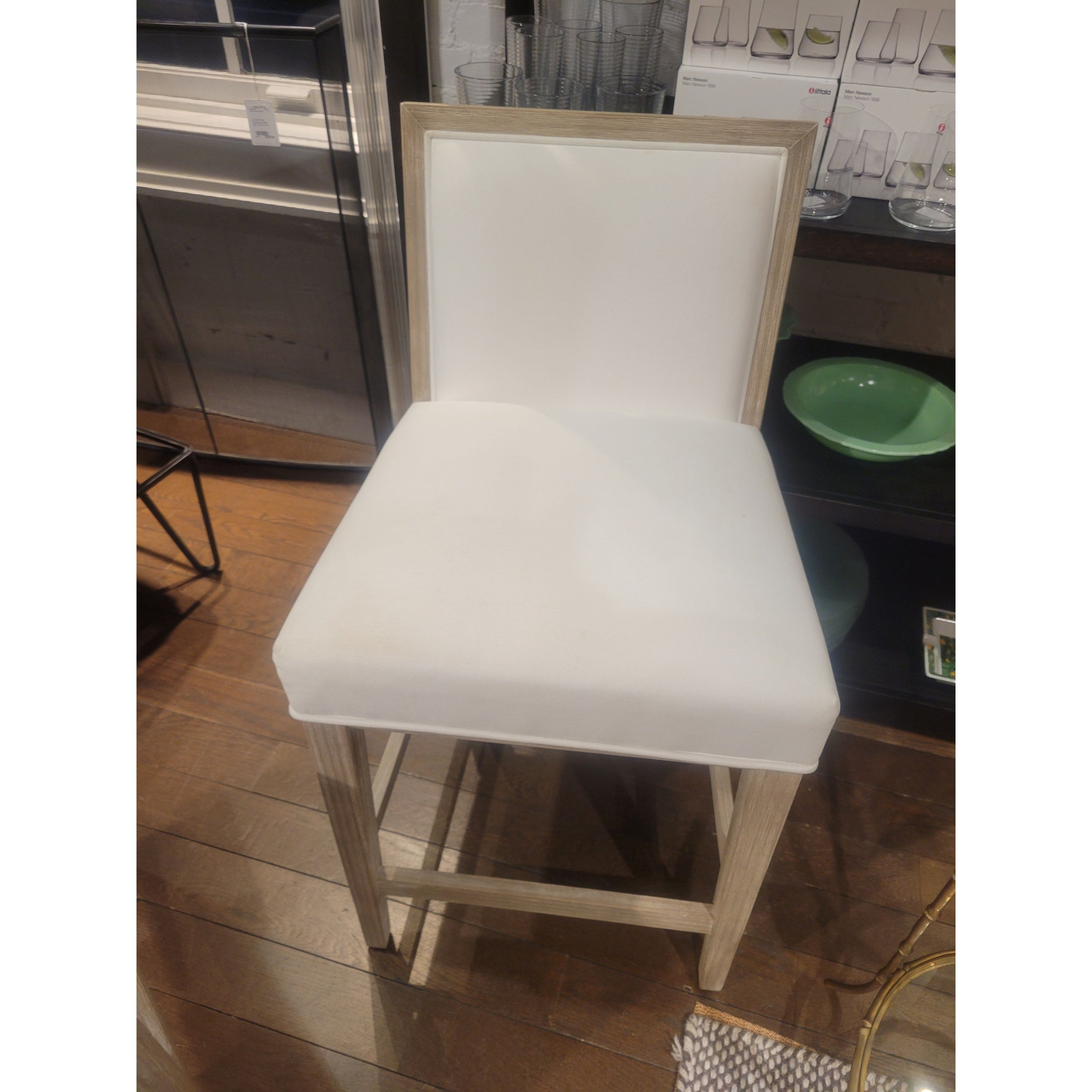 SET of 4 White Upholstered Natural Wood Counter Stools (AS IS)