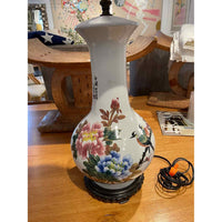 PAIR of Vintage Chinese Bird & Floral Painted Table Lamps w/ Linen Shades