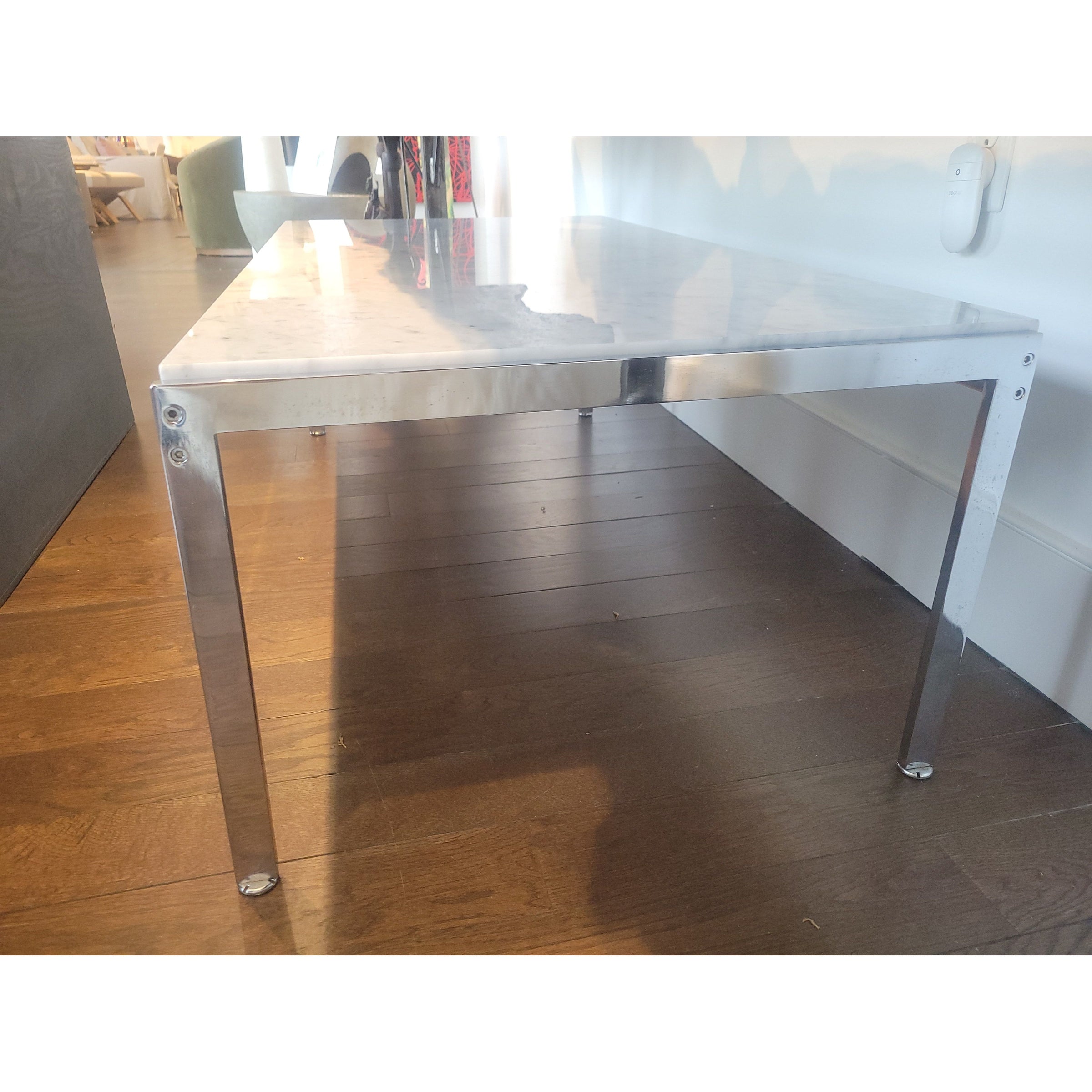 Mid-Century Rectangular Chrome Coffee Table w/ White Marble Top