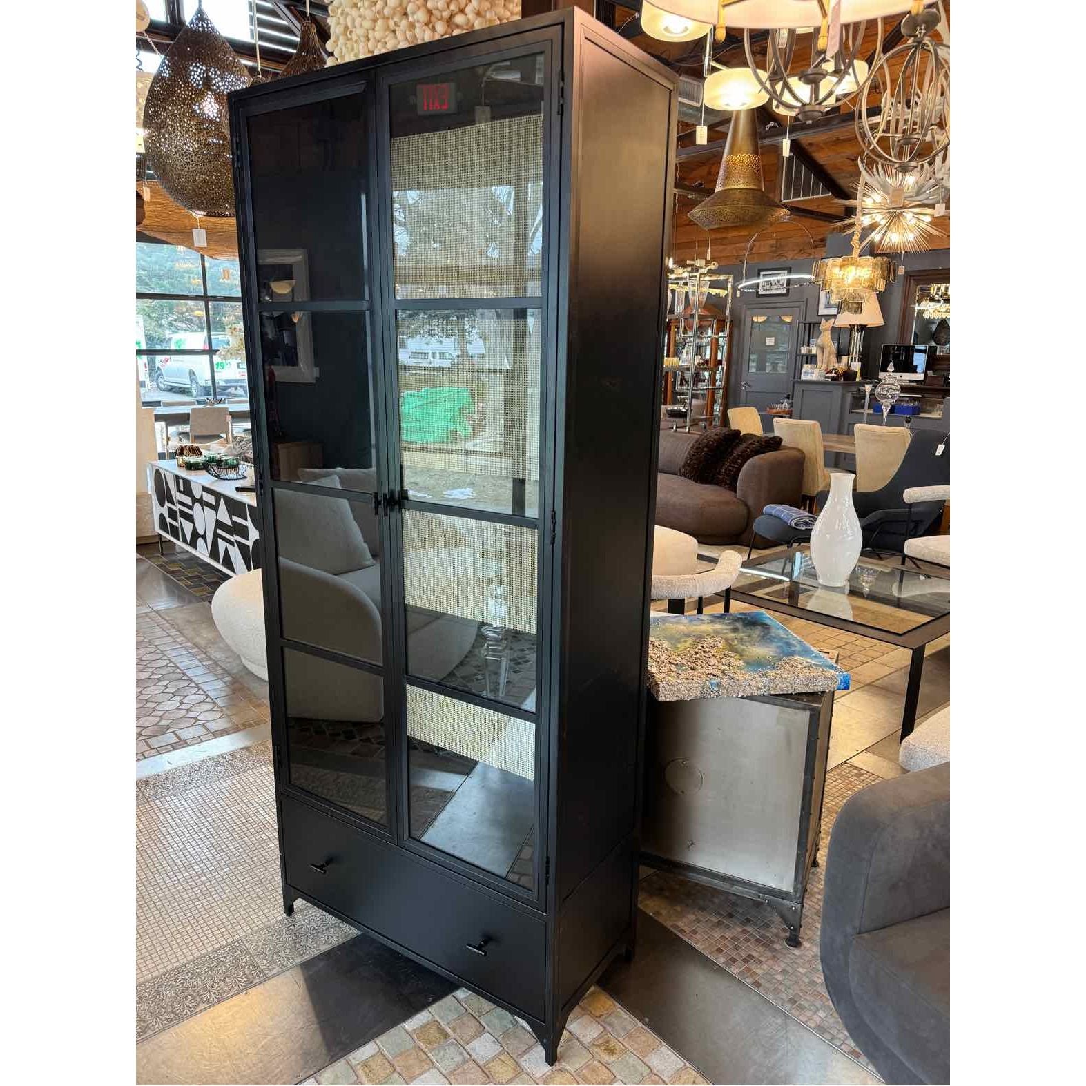 Black Iron Curio Cabinet w/ Blonde Cane Back by Kathy Kuo