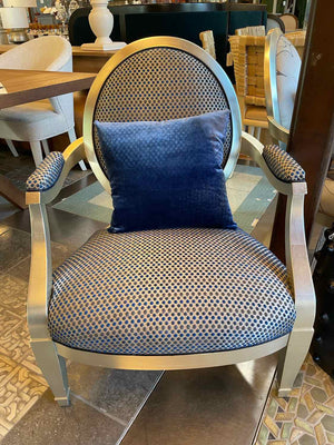 Silver & Blue Upholstered Oval Arm Chair by John Hutton for Donghia w/ Pillow