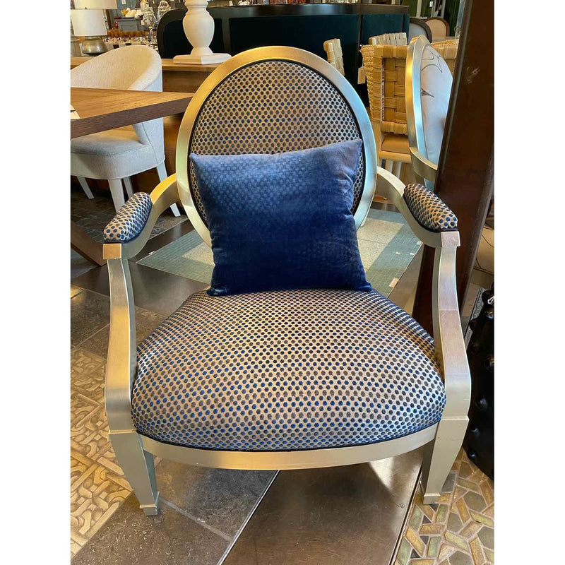 Silver & Blue Upholstered Oval Arm Chair by John Hutton for Donghia w/ Pillow - colletteconsignment.com
