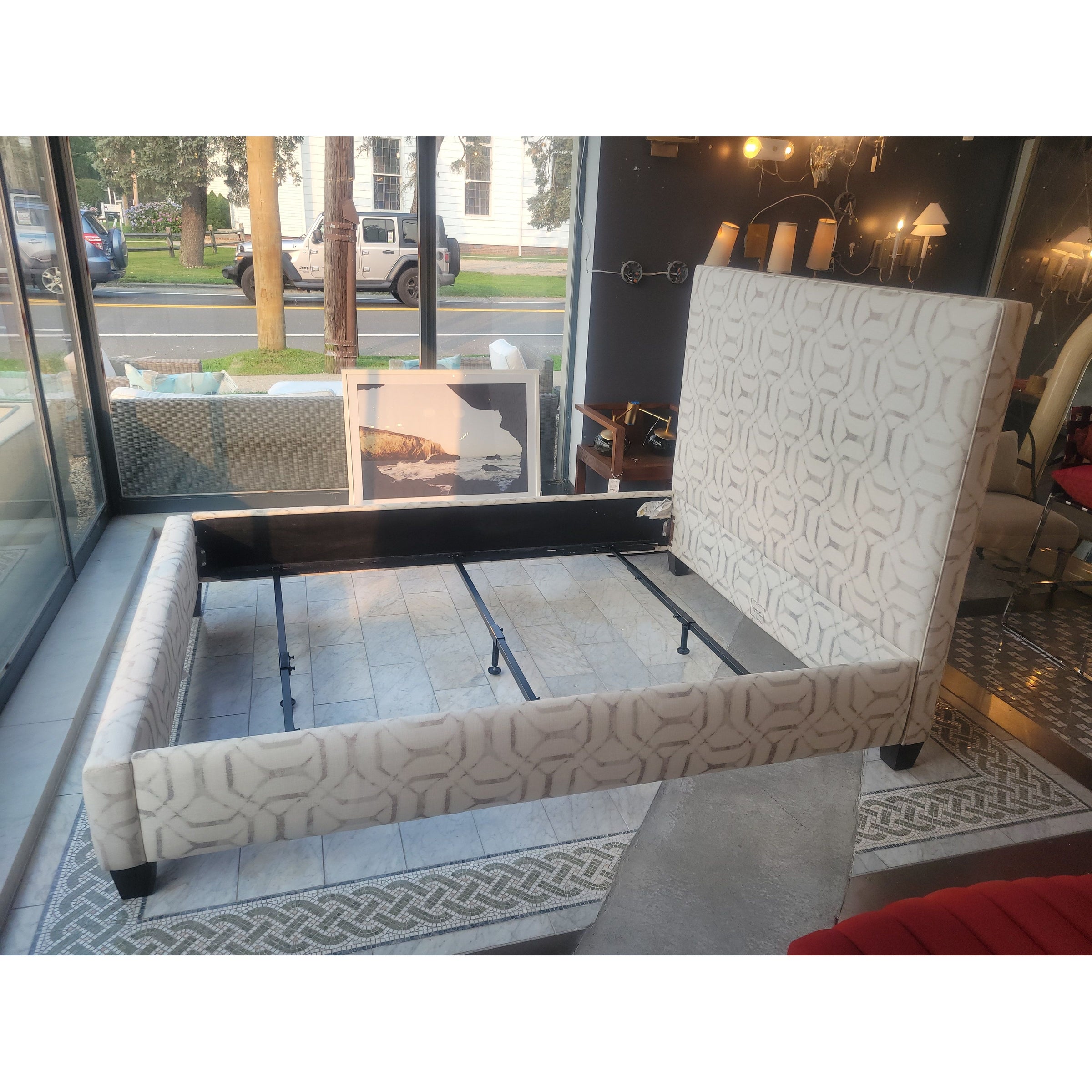 Queen-Sized White & Gray Upholstered Bed Frame by MG&BW