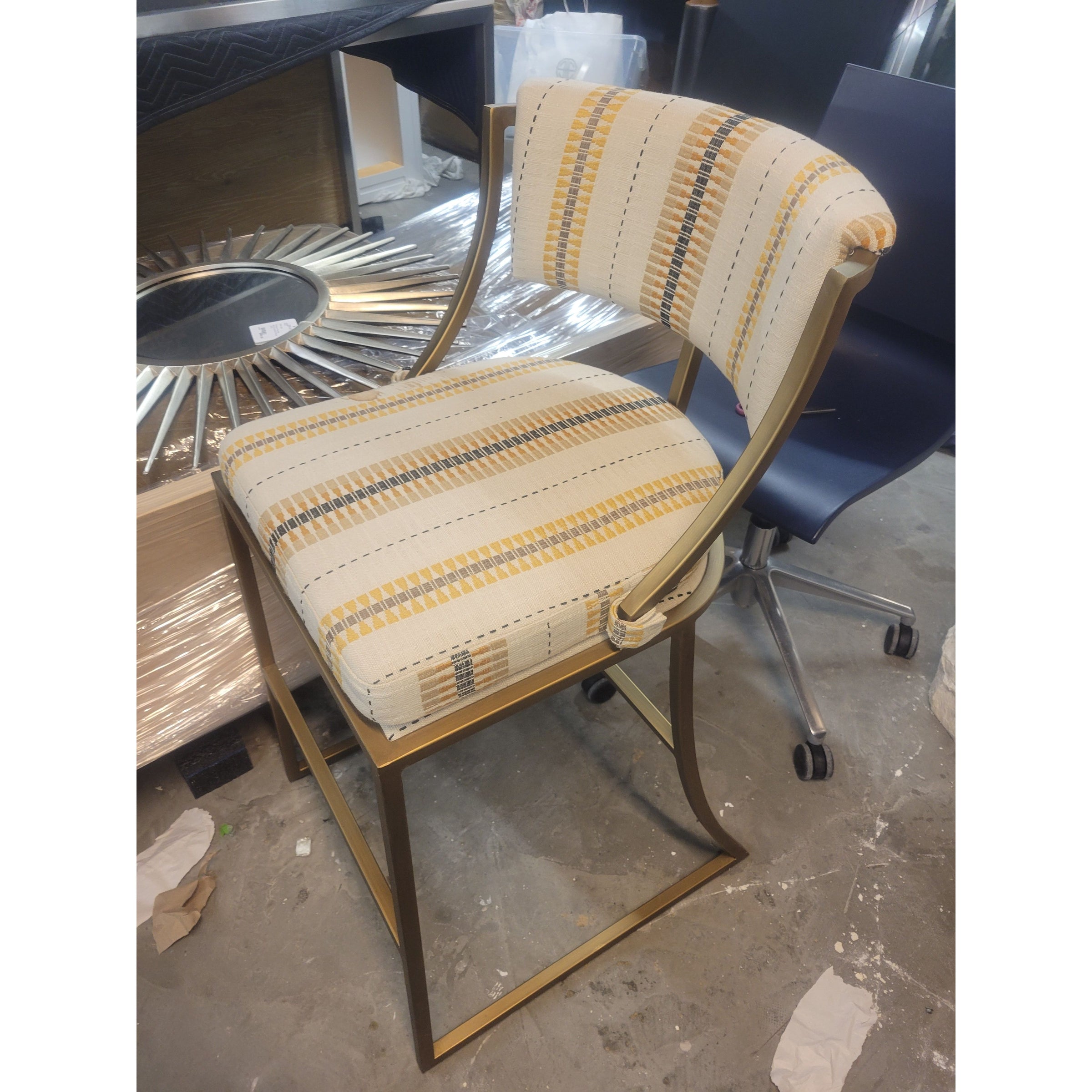 PAIR of Yellow Striped Bar Stools on Brass Bases by Ballard Designs (AS IS)
