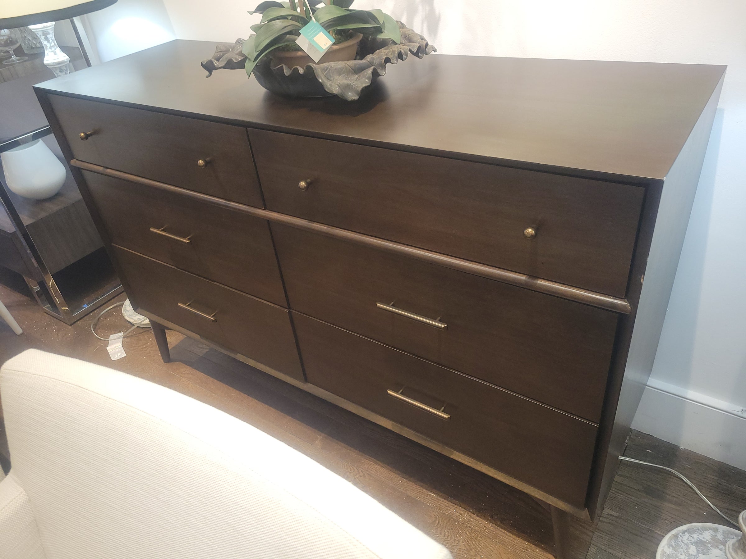 6-Drawer Walnut Dresser w/ Brassed Metal Pulls