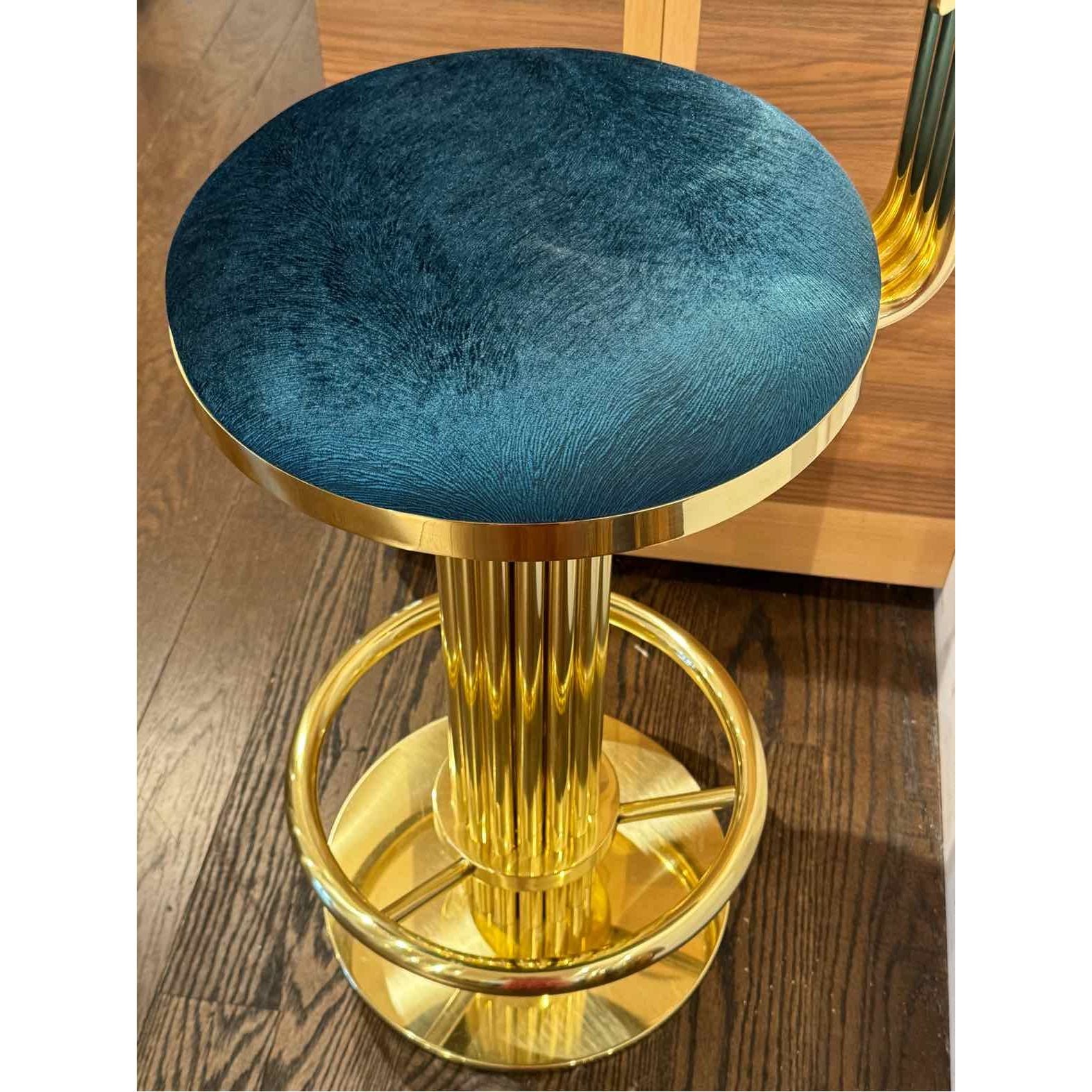 PAIR of Custom Polished Brass Bar Stools w/ Cowhide Seat - AS IS