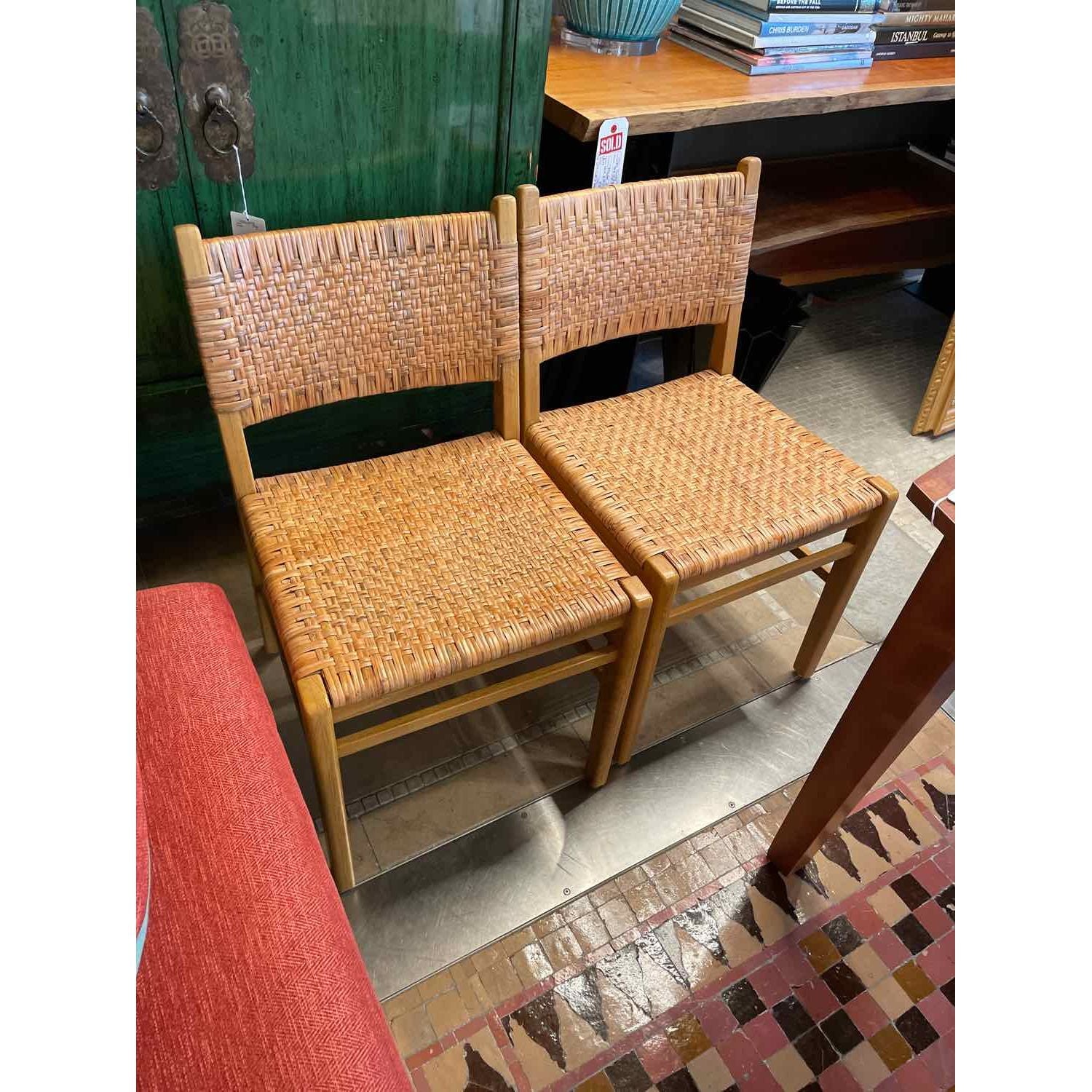 SET of 10 Oak and Rattan Weave Dining Chairs