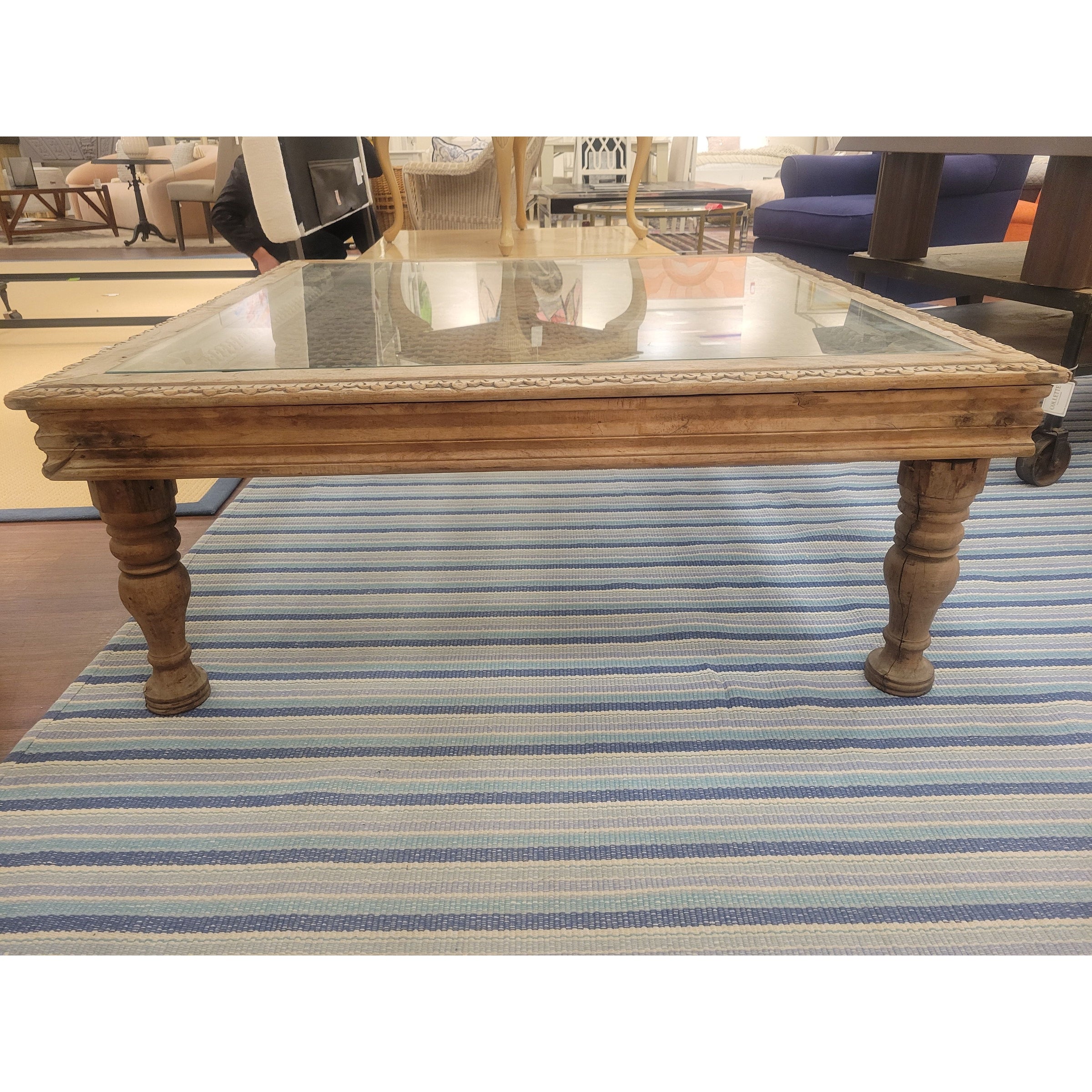 Vintage Indian Window Grate Metal & Wood Coffee Table w/ Glass Top (AS IS)