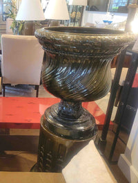 Vintage Dark Green Glazed Clay Urn on Pedestal from NY Armory